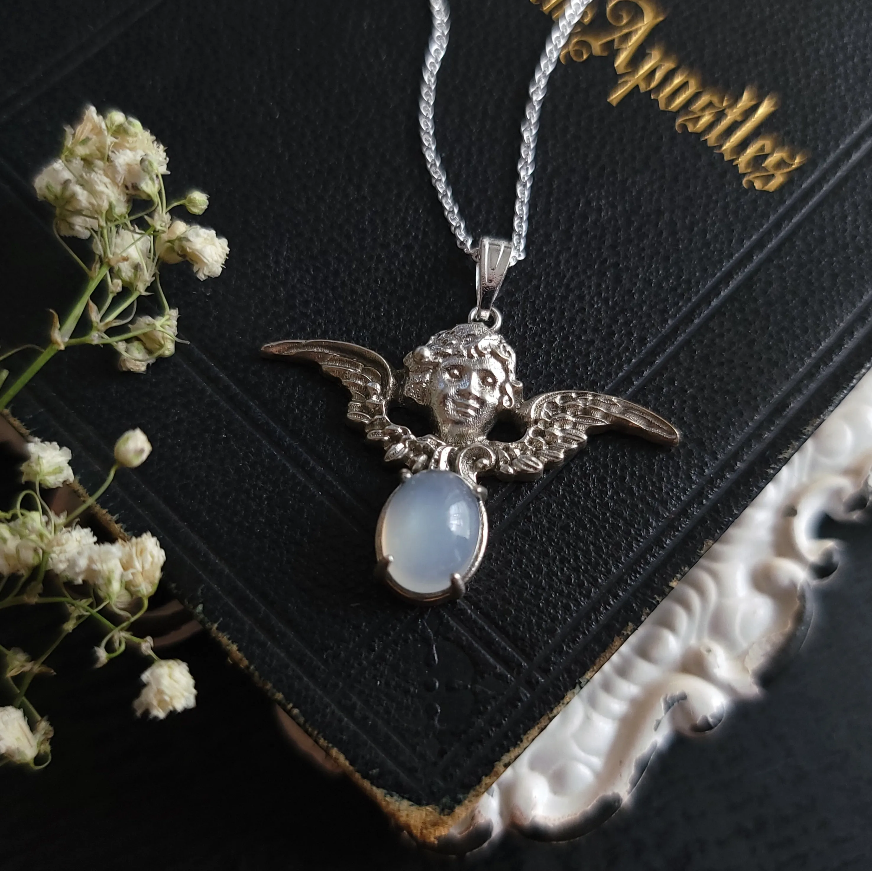 Cherubim - Sterling Silver Angel Necklace with White Moonstone