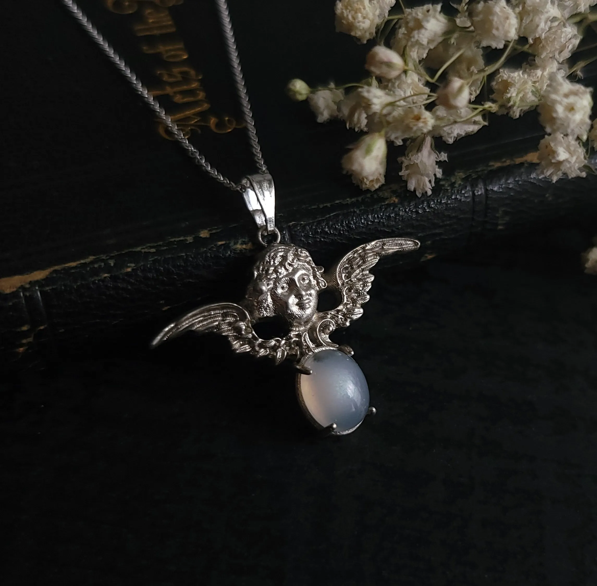 Cherubim - Sterling Silver Angel Necklace with White Moonstone