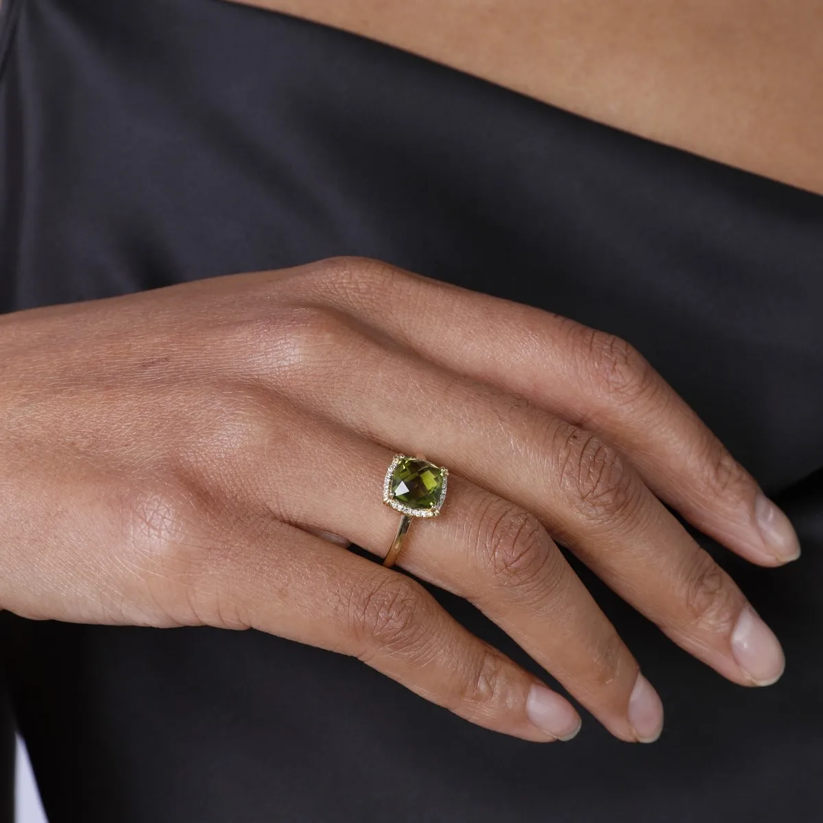 Cushion Peridot & Diamond 14K Yellow Gold Ring