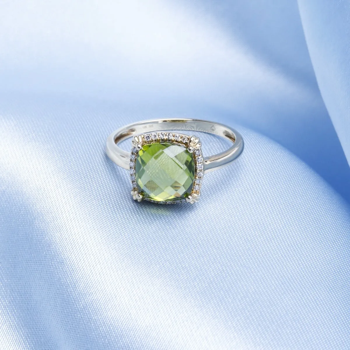 Cushion Peridot & Diamond 14K Yellow Gold Ring