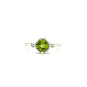 Cushion Peridot Ring with Two Side Diamonds in 14K White Gold