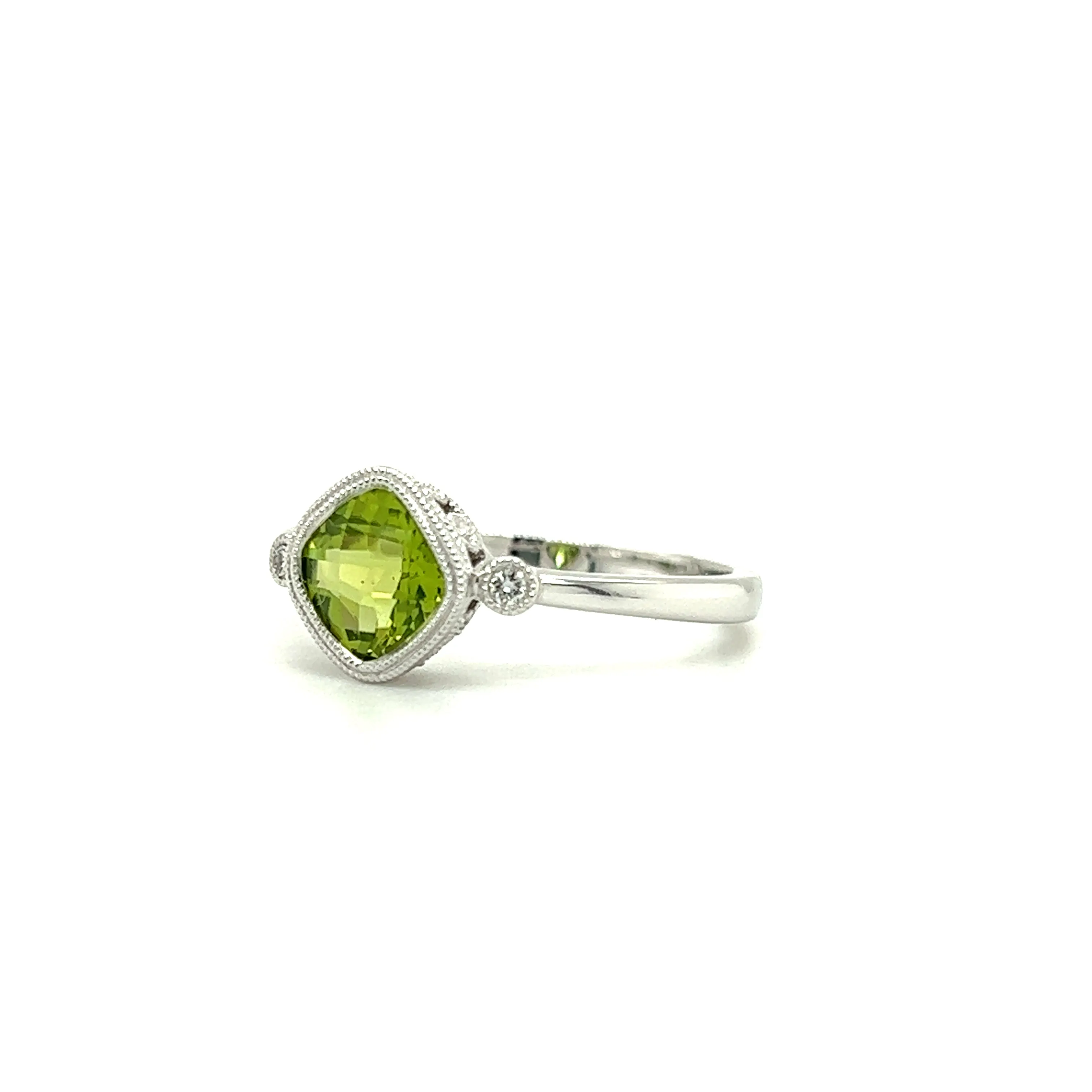 Cushion Peridot Ring with Two Side Diamonds in 14K White Gold