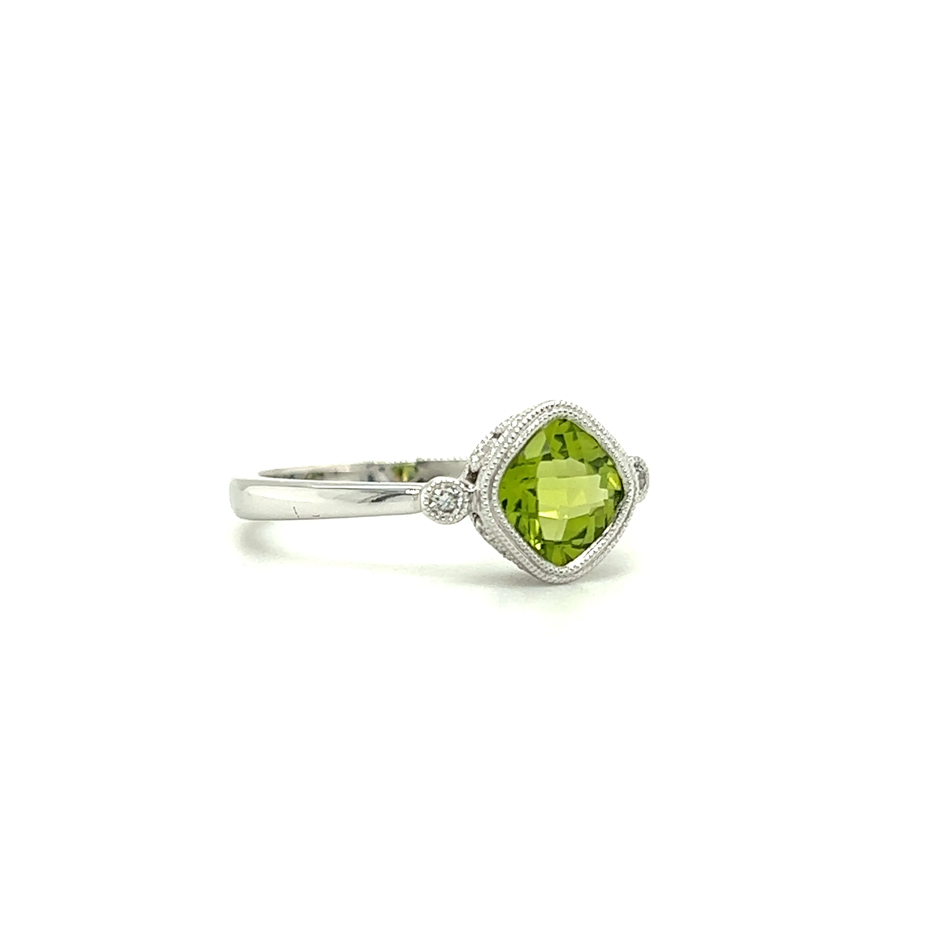 Cushion Peridot Ring with Two Side Diamonds in 14K White Gold