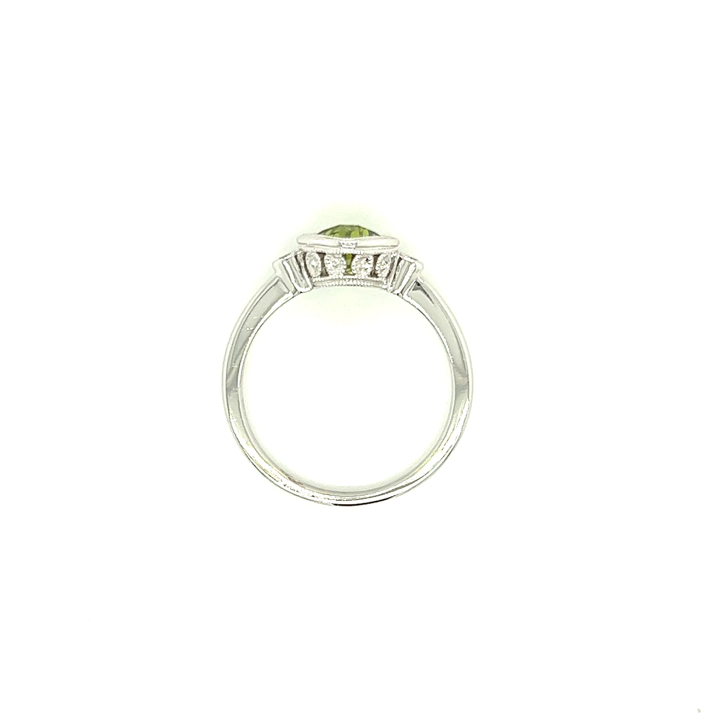 Cushion Peridot Ring with Two Side Diamonds in 14K White Gold