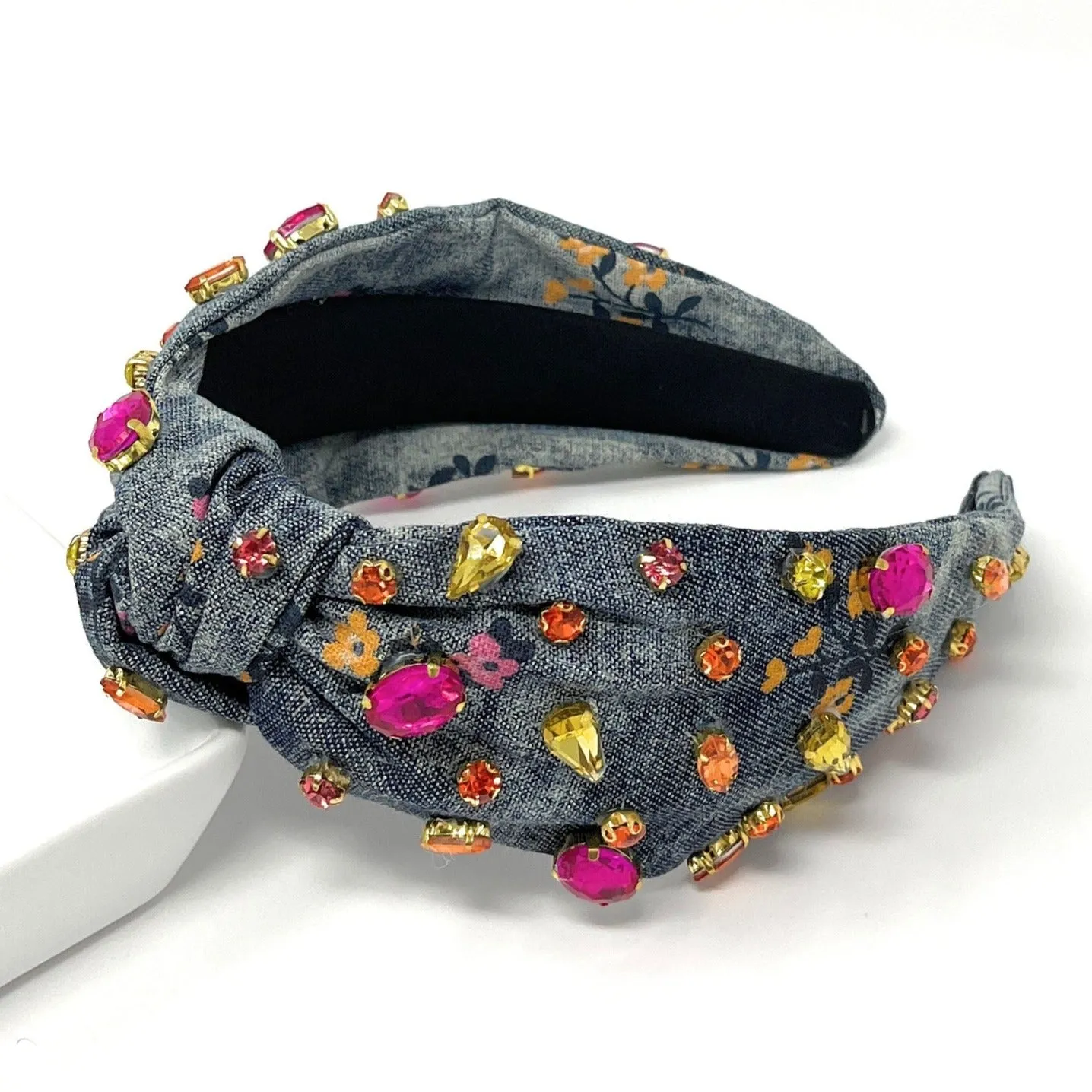 Dark Floral Denim Knot Jeweled Headband