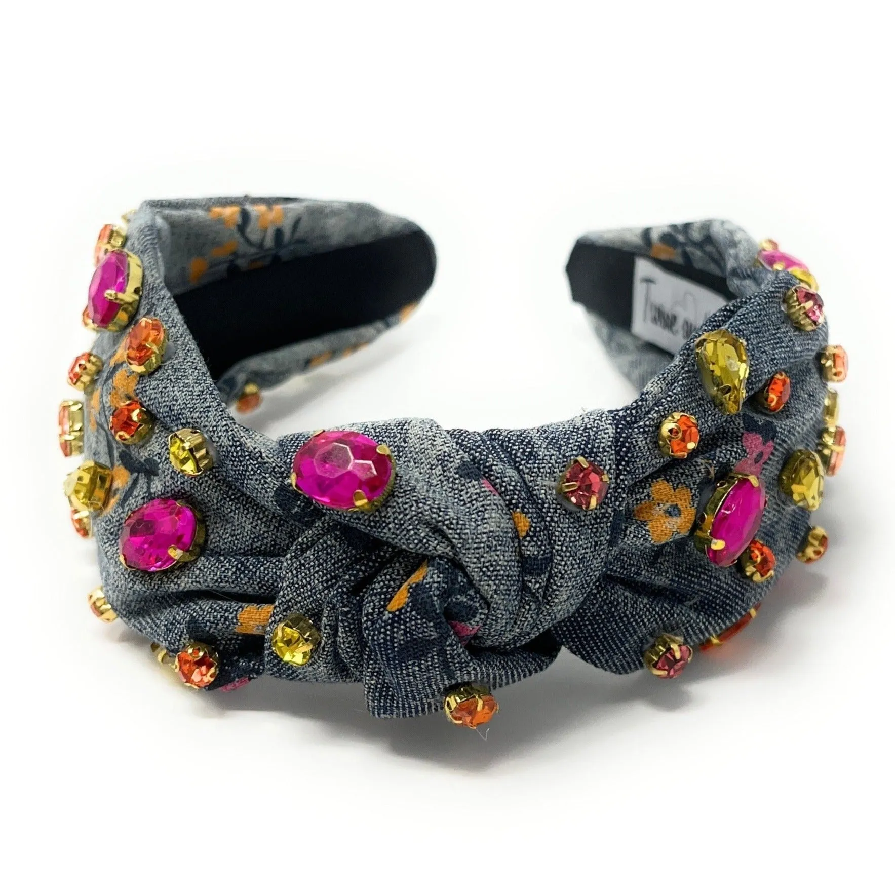 Dark Floral Denim Knot Jeweled Headband