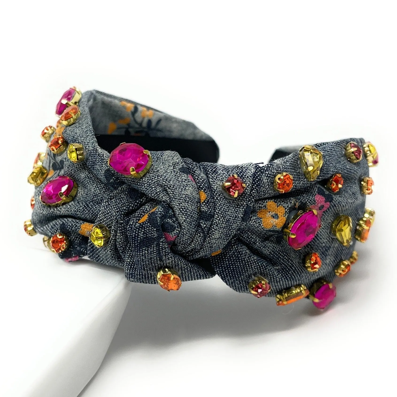 Dark Floral Denim Knot Jeweled Headband