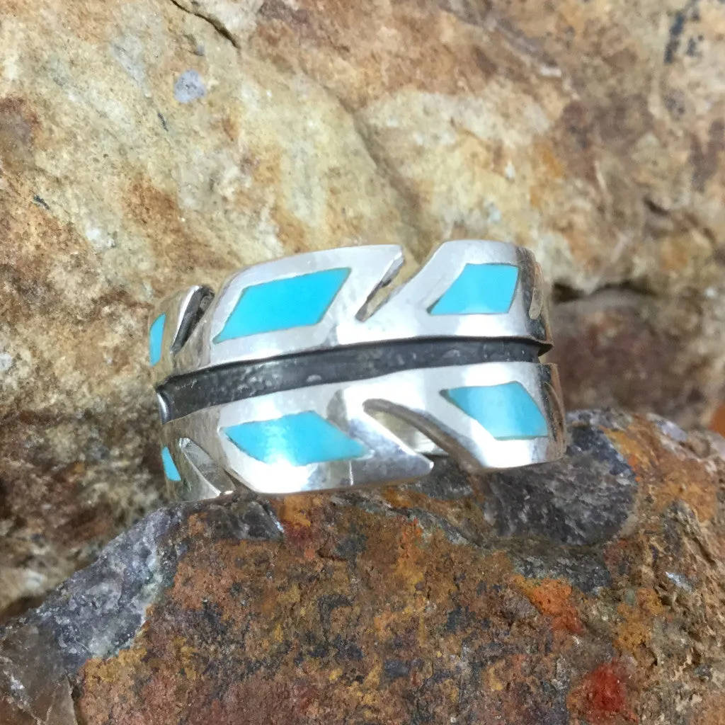 David Rosales Arizona Blue Inlaid Sterling Silver Ring Feather