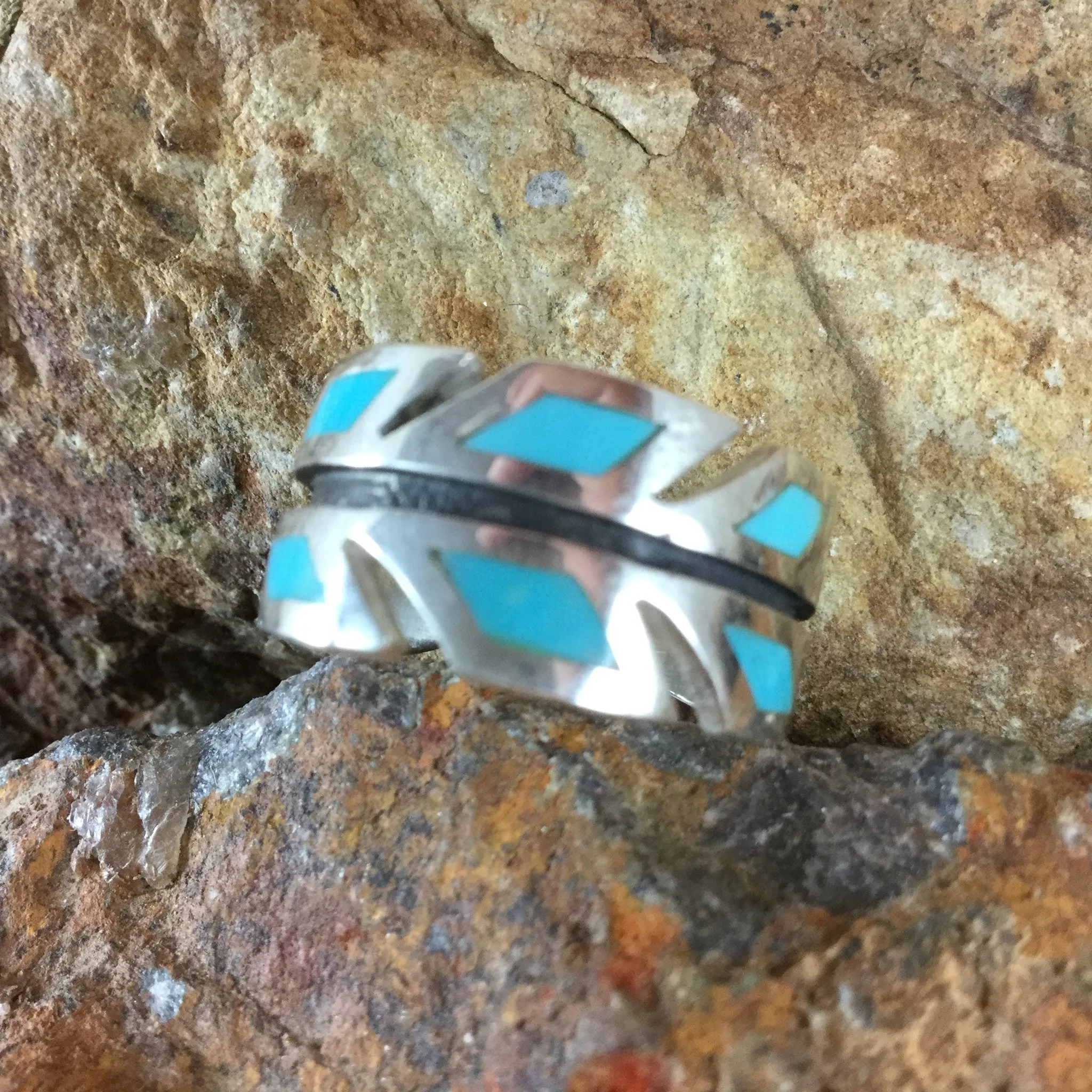 David Rosales Arizona Blue Inlaid Sterling Silver Ring Feather