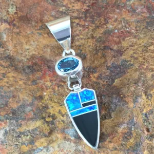 David Rosales Black Beauty Inlaid Sterling Silver Pendant w Blue Topaz