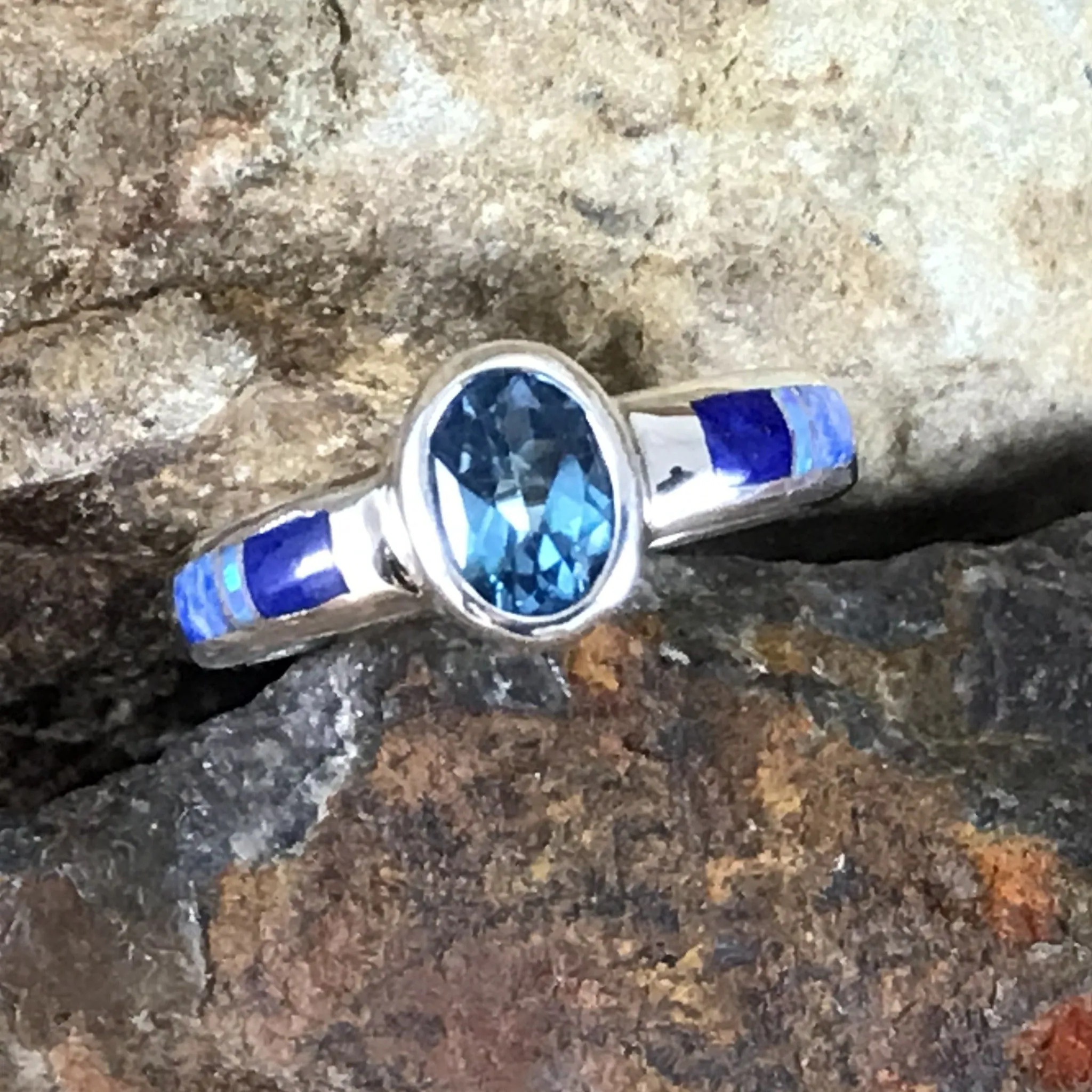 David Rosales Blue Sky Inlaid Sterling Silver Ring w/ Blue Topaz