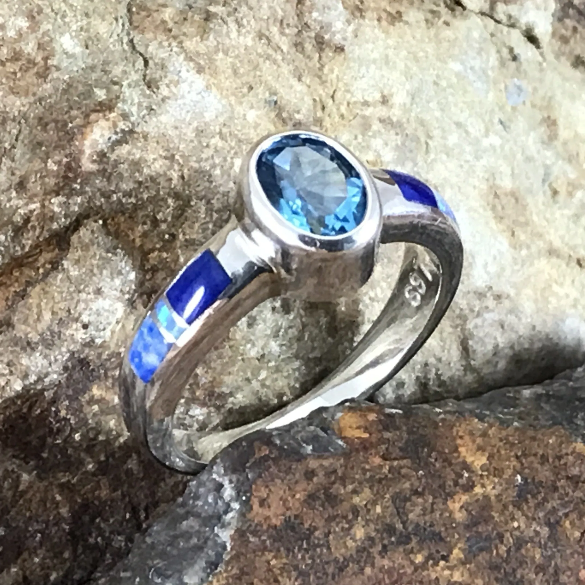 David Rosales Blue Sky Inlaid Sterling Silver Ring w/ Blue Topaz