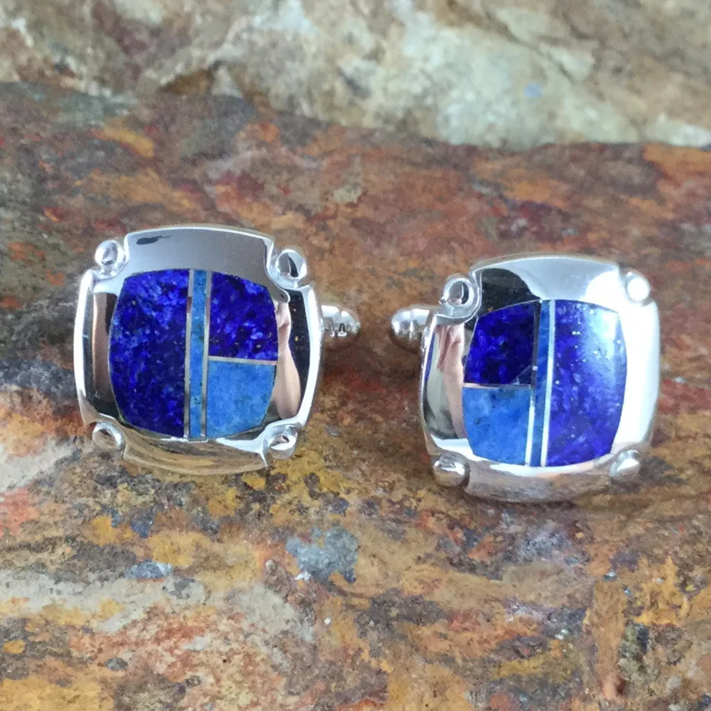 David Rosales Blue Water Inlaid Sterling Silver Cuff Links