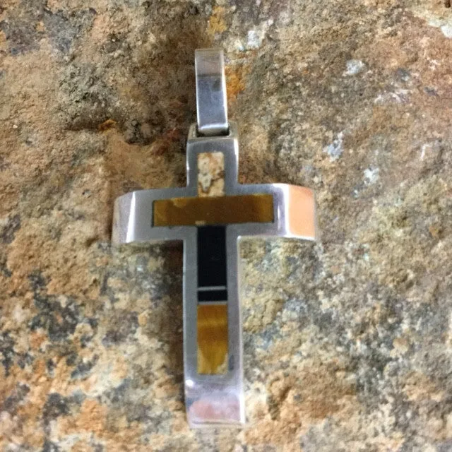 David Rosales Native Earth Inlaid Sterling Silver Pendant Cross