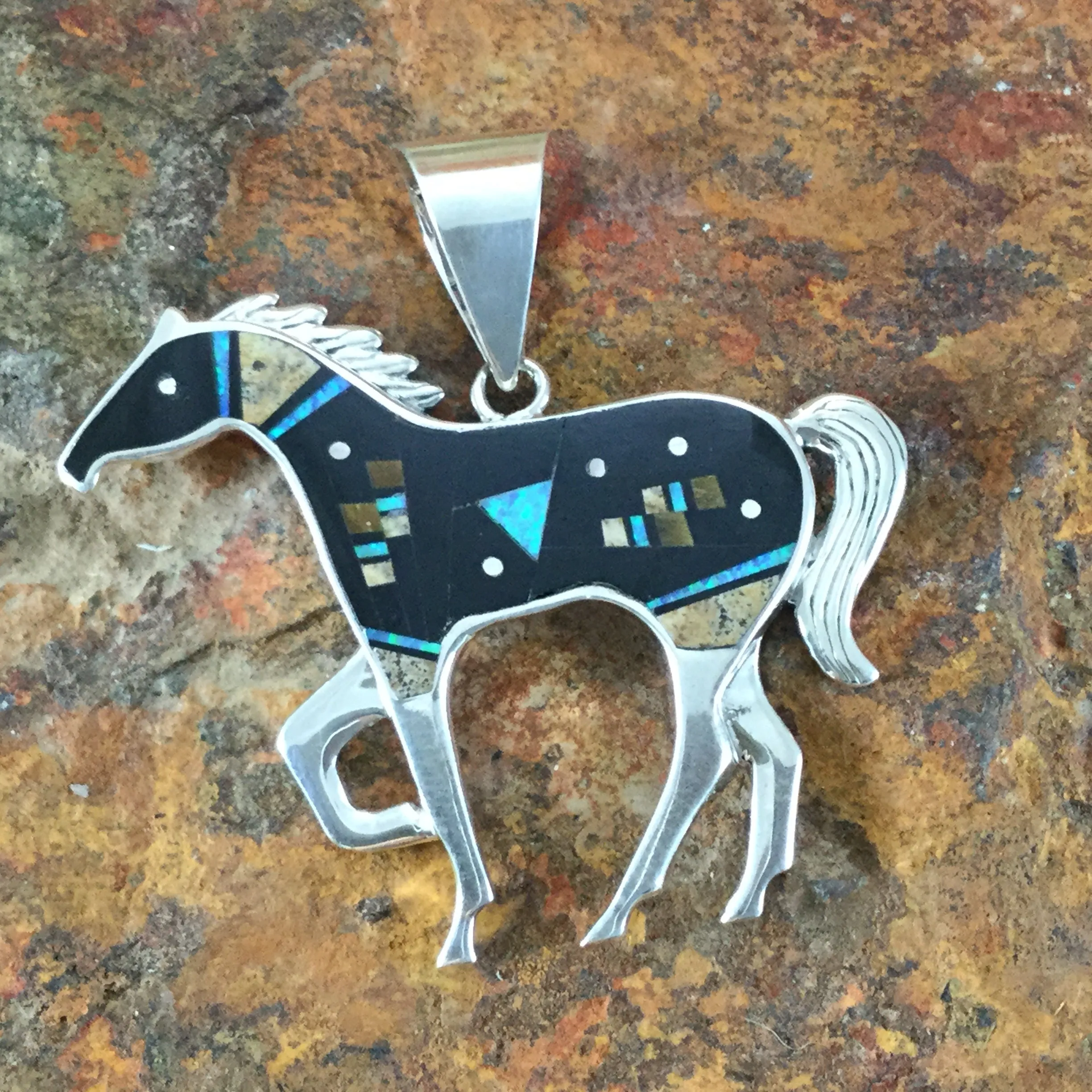 David Rosales Native Light Fancy Inlaid Sterling Silver Pendant Horse