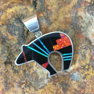 David Rosales Red Moon Inlaid Sterling Silver Pendant Bear