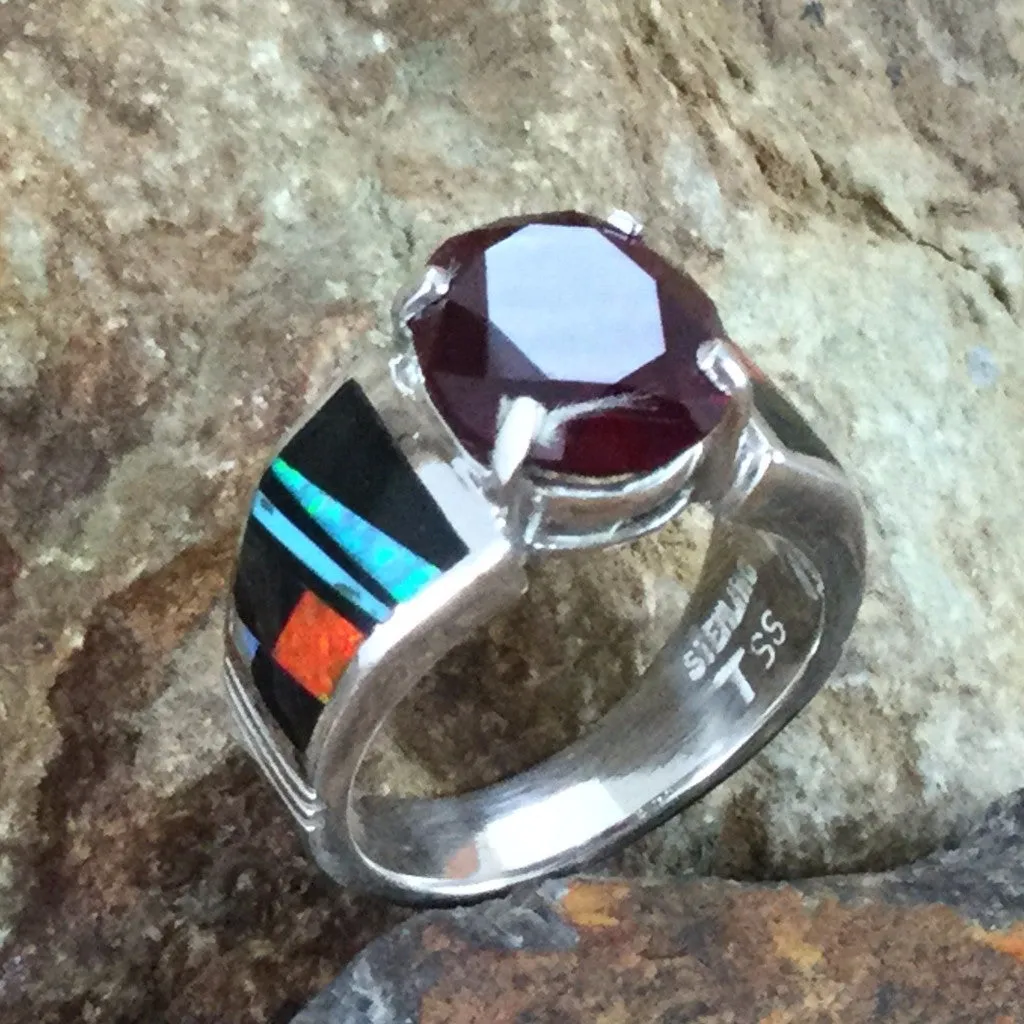 David Rosales Red Moon Inlaid Sterling Silver Ring w/ Garnet