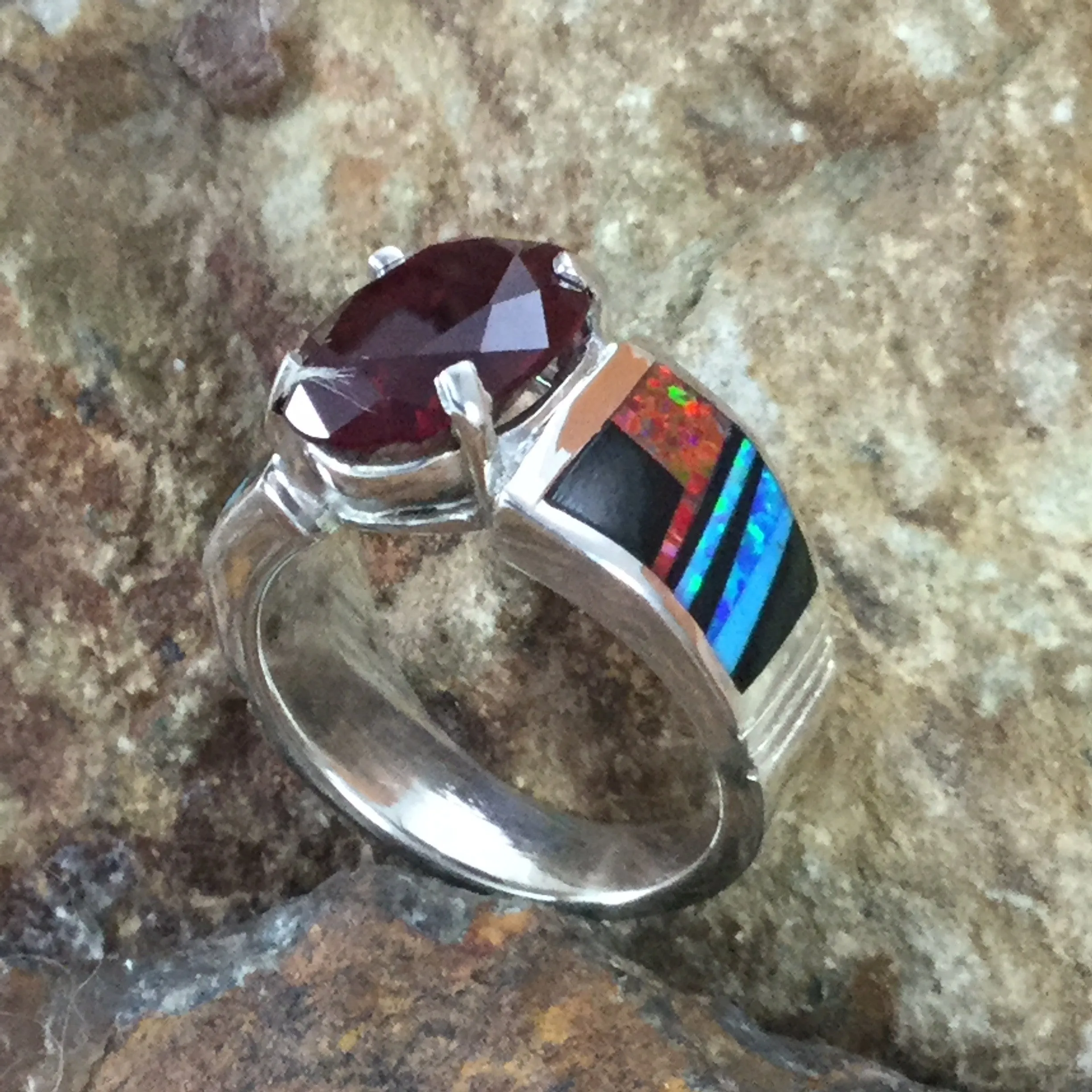 David Rosales Red Moon Inlaid Sterling Silver Ring w/ Garnet