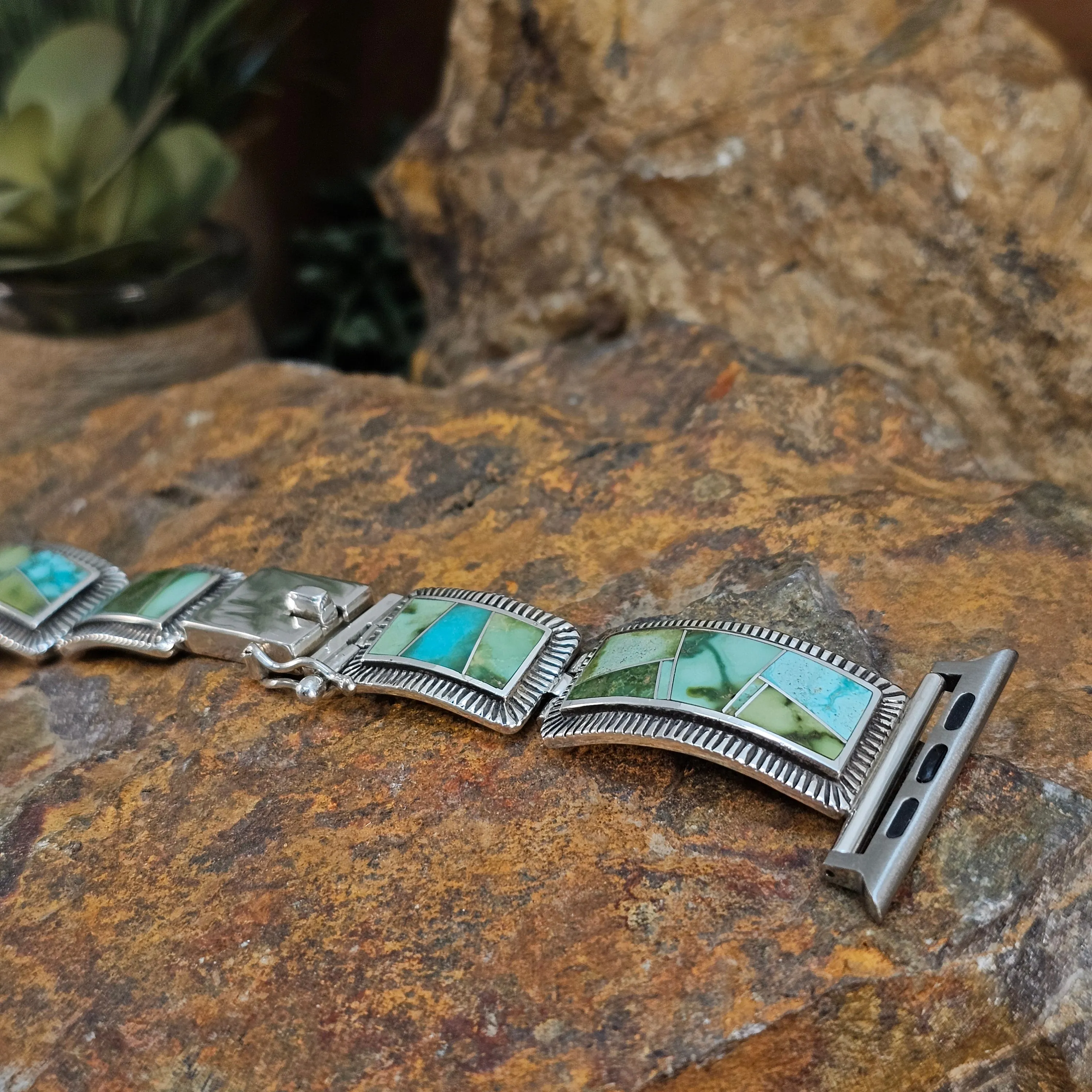 Stunning David Rosales Sonoran Gold Turquoise Inlaid Sterling Silver Watch Band for Apple Watch