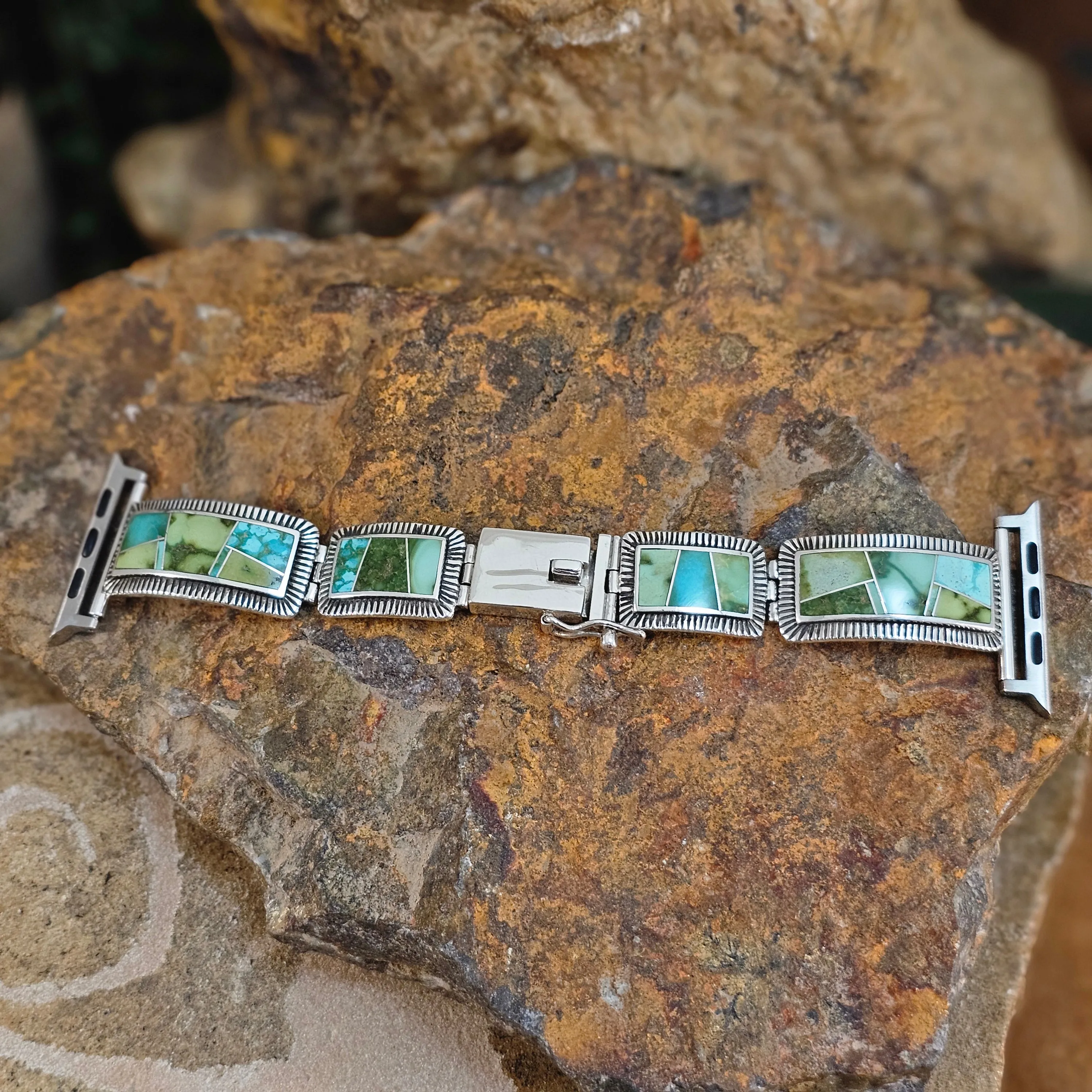 Stunning David Rosales Sonoran Gold Turquoise Inlaid Sterling Silver Watch Band for Apple Watch