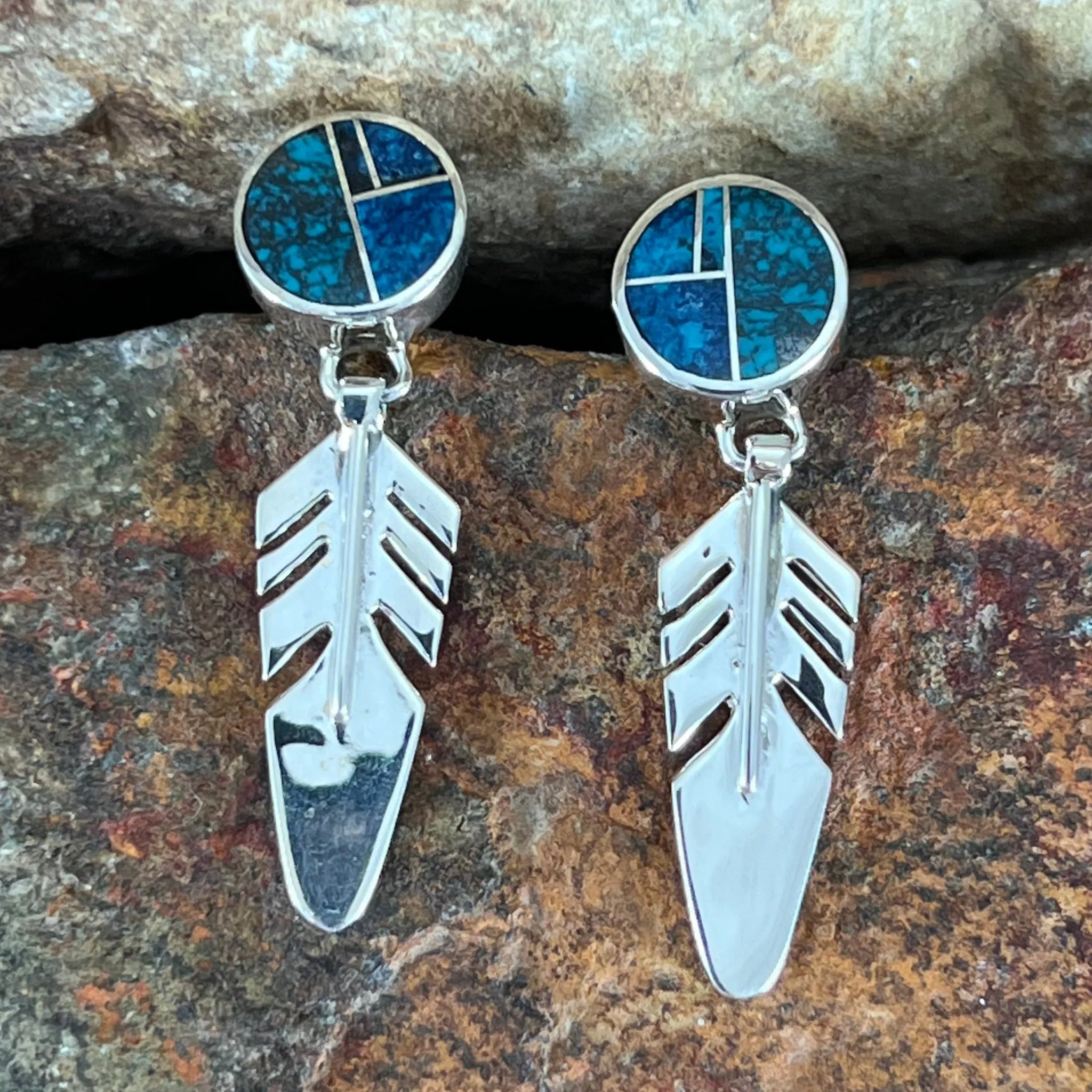 David Rosales Western Skies Inlaid Sterling Silver Earrings Feathers