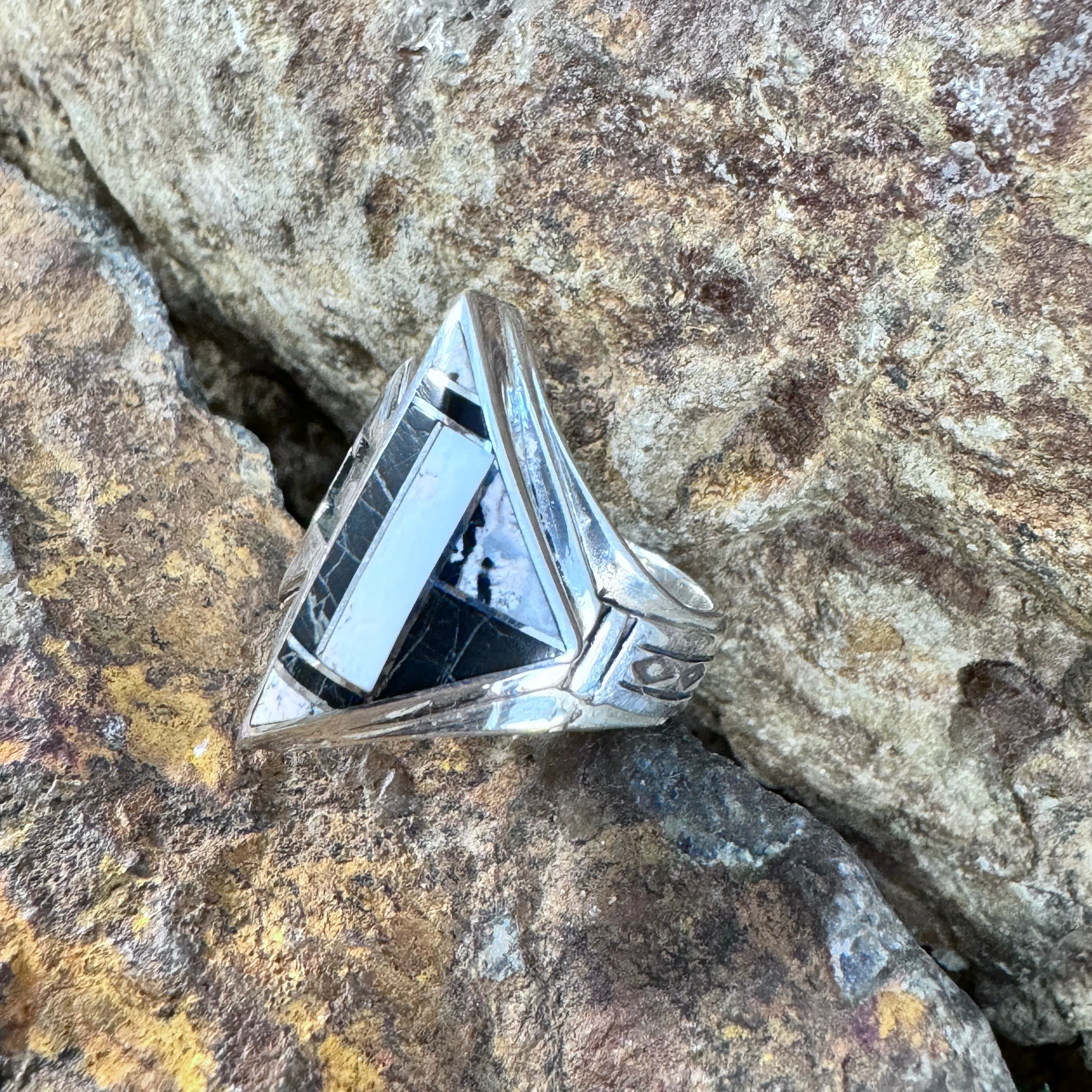 David Rosales White Buffalo Inlaid Sterling Silver Ring Geometric