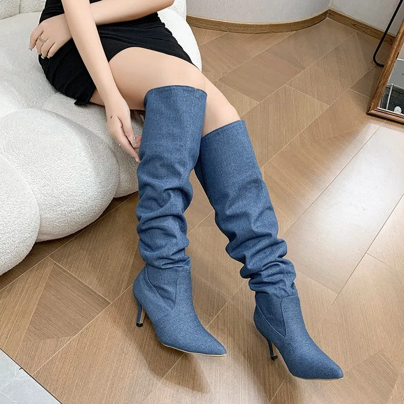 Denim Pleated British Style Martin Boots Women's Retro Cowboy Boot Stiletto Heel Pointed Toe Pile Style Boots Sleeve Fashion Boots