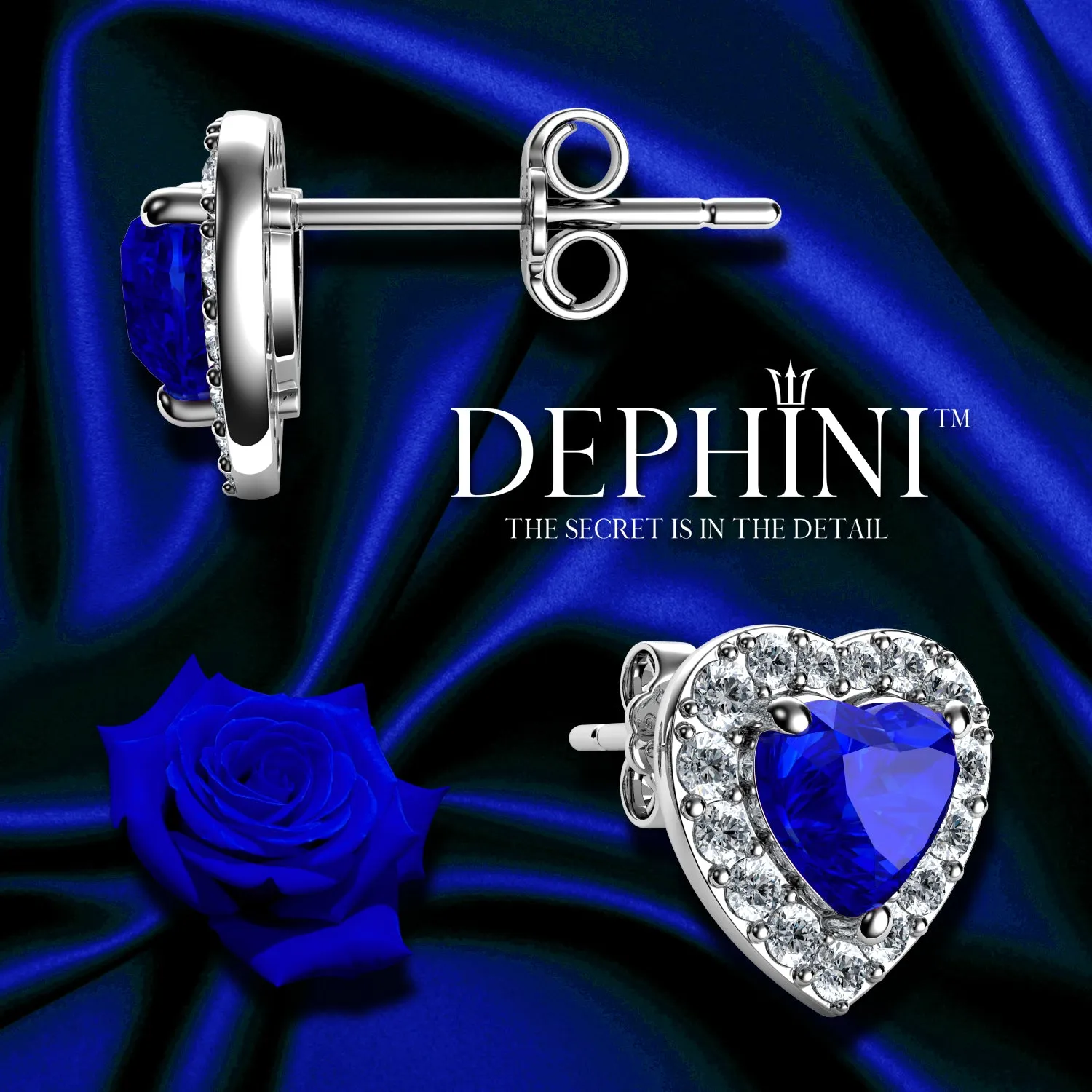 DEPHINI Blue Heart Earrings  925 Sterling Silver Stud Earrings CZ