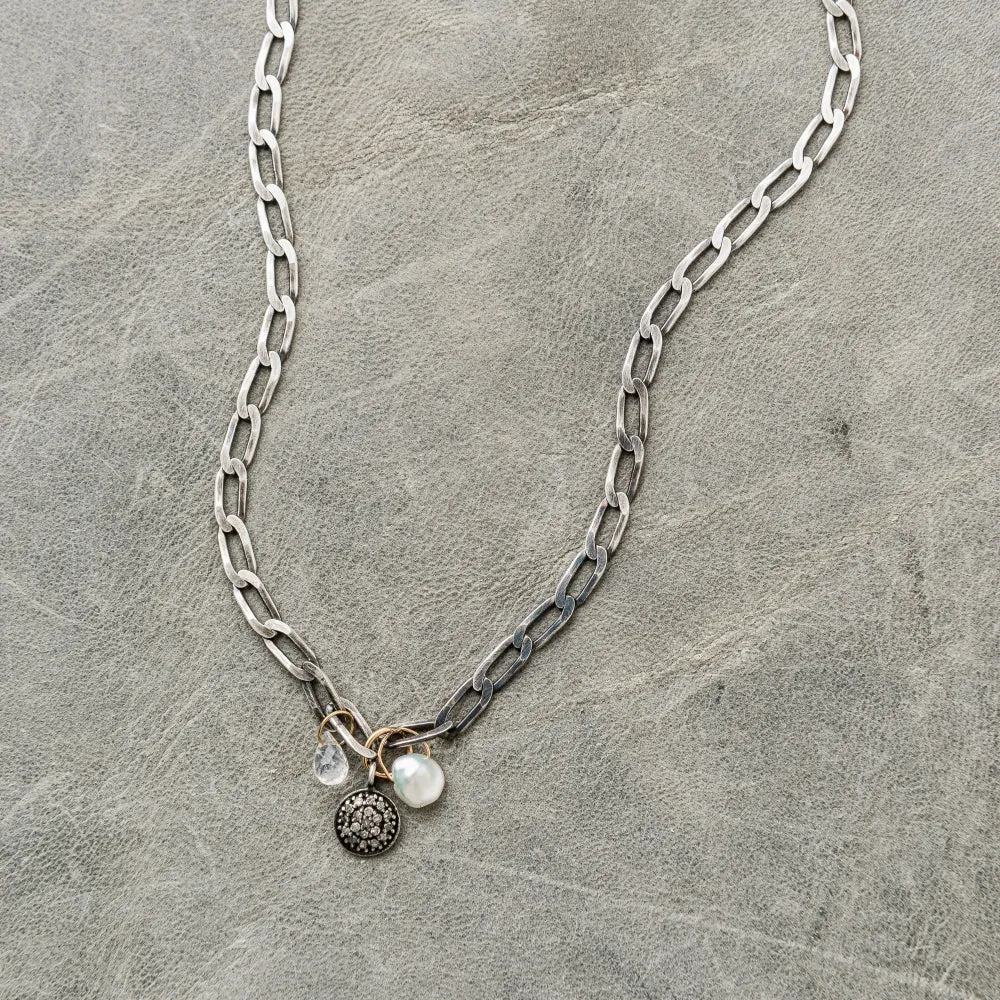 Diamond Disc Necklace with Moonstone and Keshi Pearl