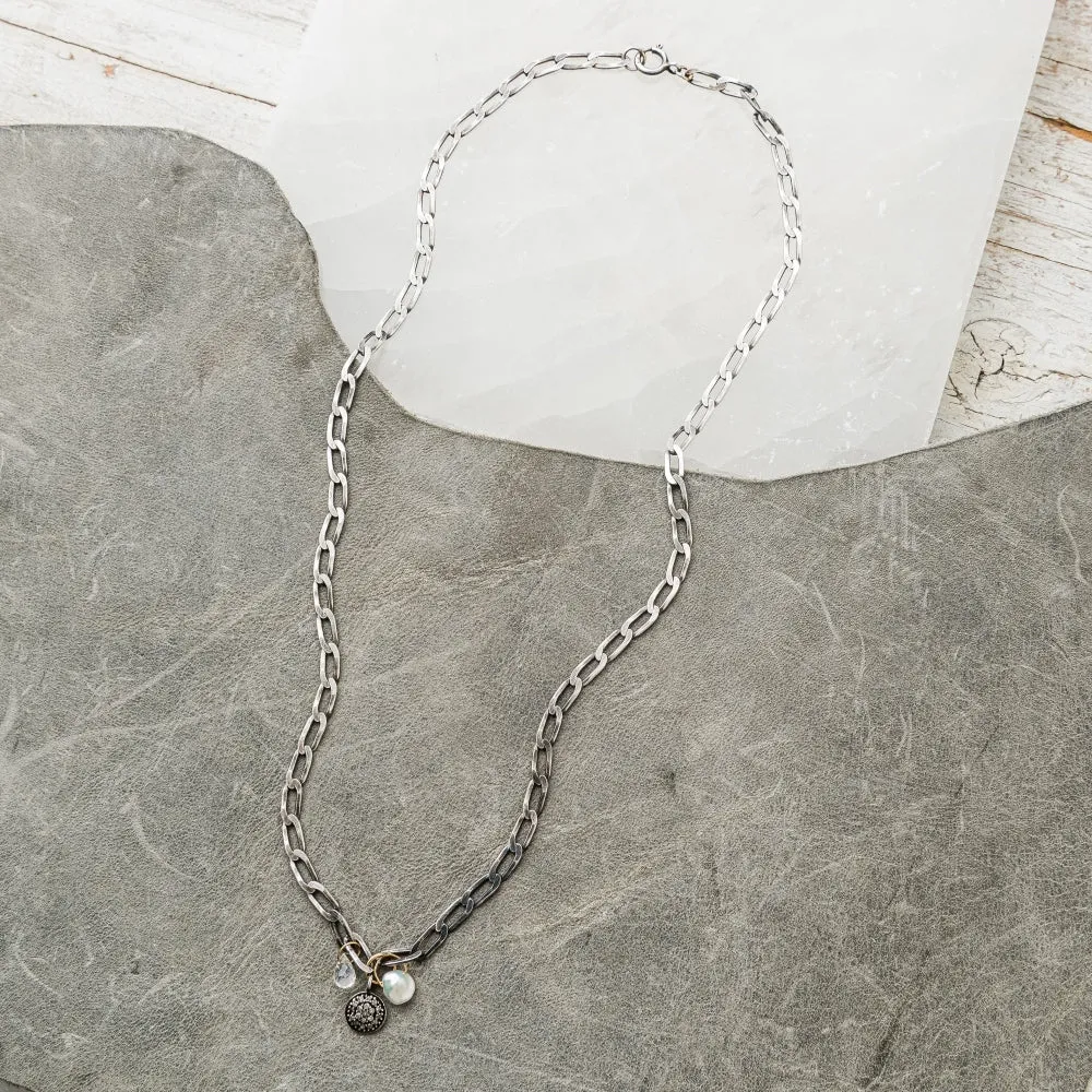 Diamond Disc Necklace with Moonstone and Keshi Pearl