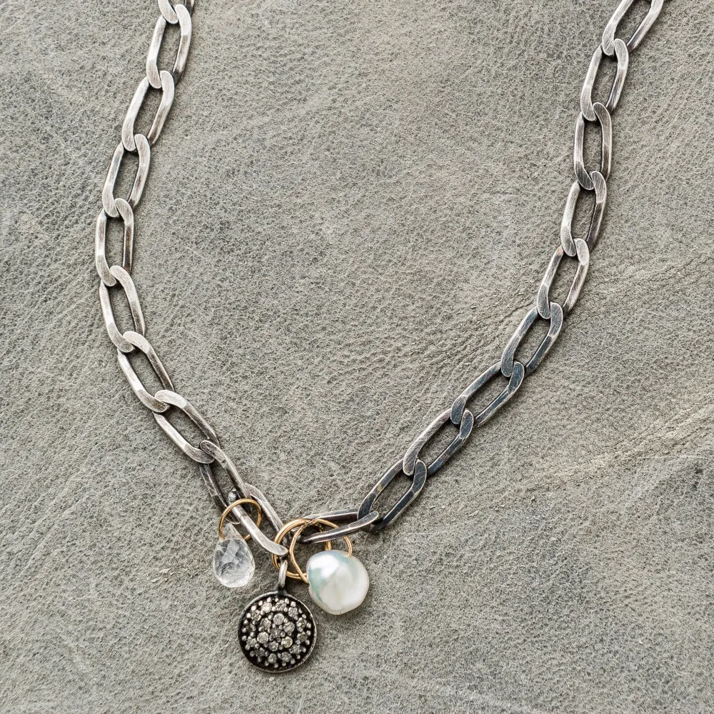 Diamond Disc Necklace with Moonstone and Keshi Pearl