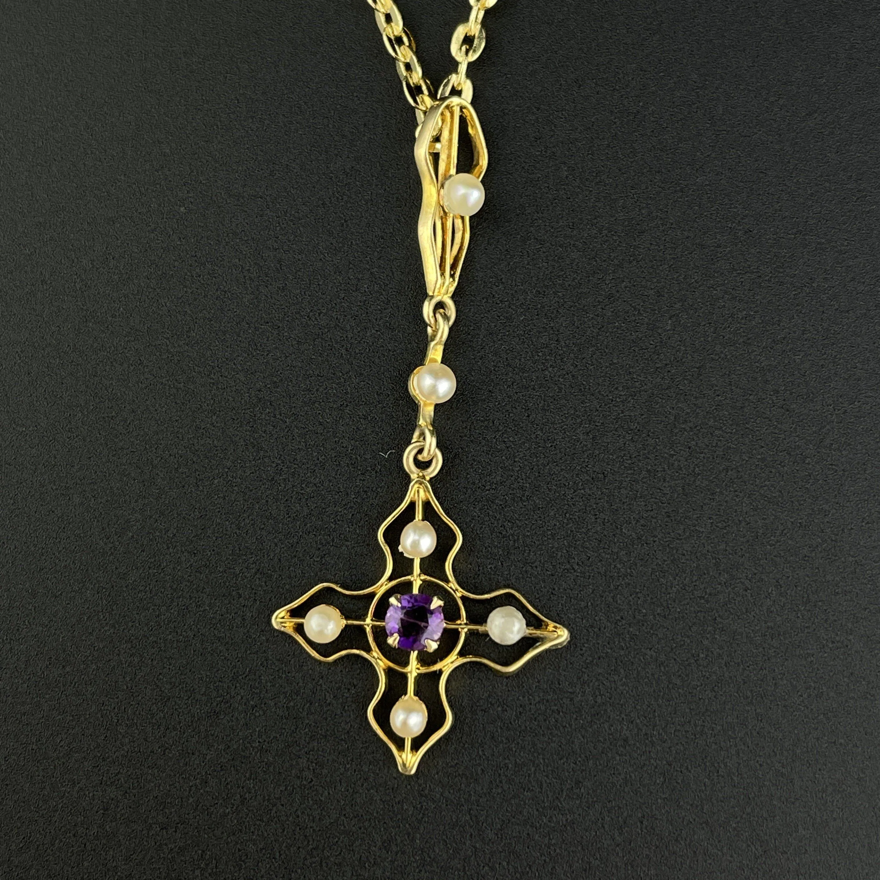 Edwardian 10K Gold Amethyst Seed Pearl Lavaliere Pendant