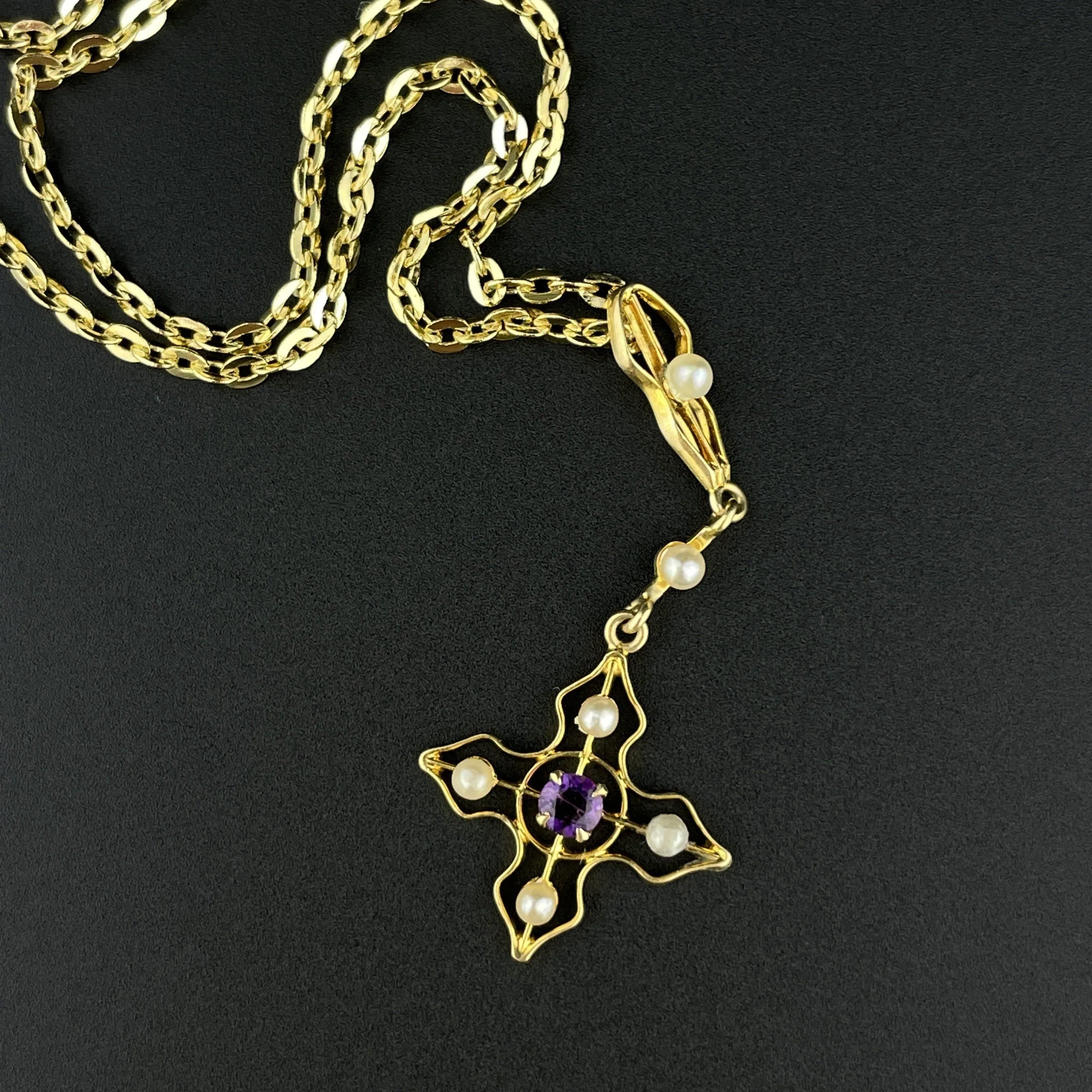 Edwardian 10K Gold Amethyst Seed Pearl Lavaliere Pendant