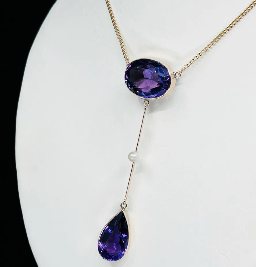 Edwardian Amethyst and Pearl Pendant Necklace