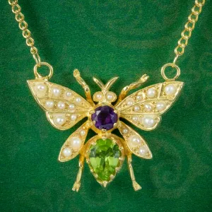 Edwardian Suffragette Style Bee Necklace Peridot Pearl Amethyst