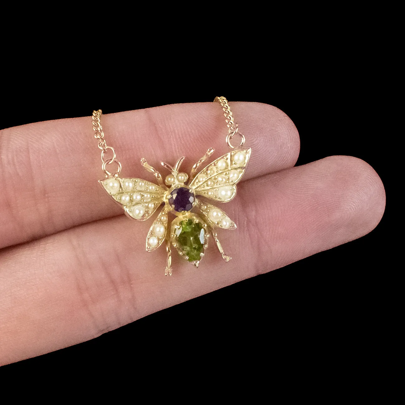 Edwardian Suffragette Style Bee Necklace Peridot Pearl Amethyst