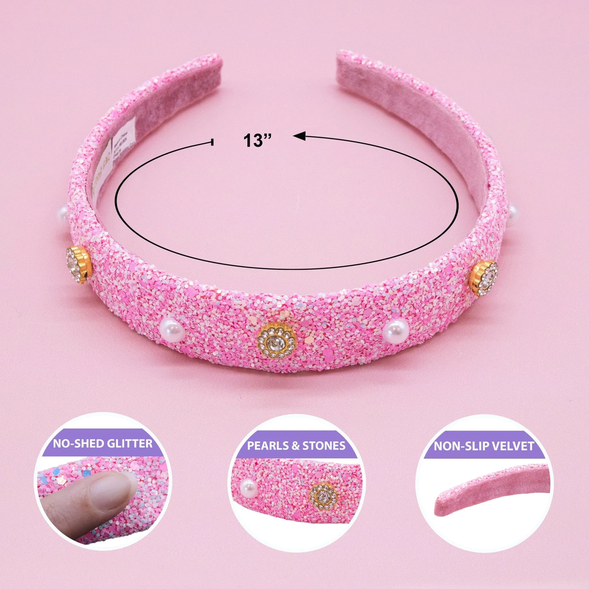 Embellished Glitter Headband (Pearl & Rhinestone Studs)