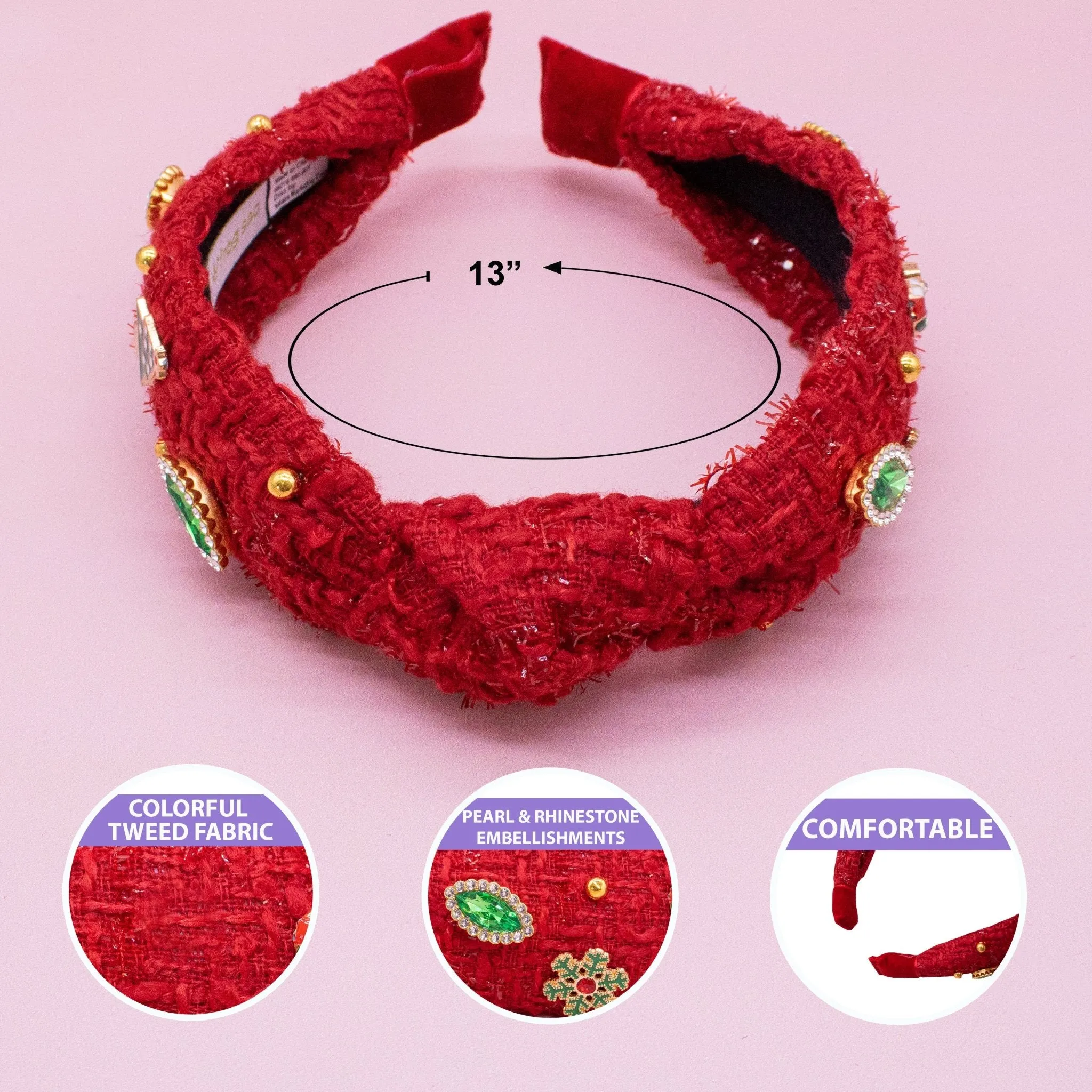 Embellished Knot Headband - Tweed Rhinestone Pearl (Christmas)