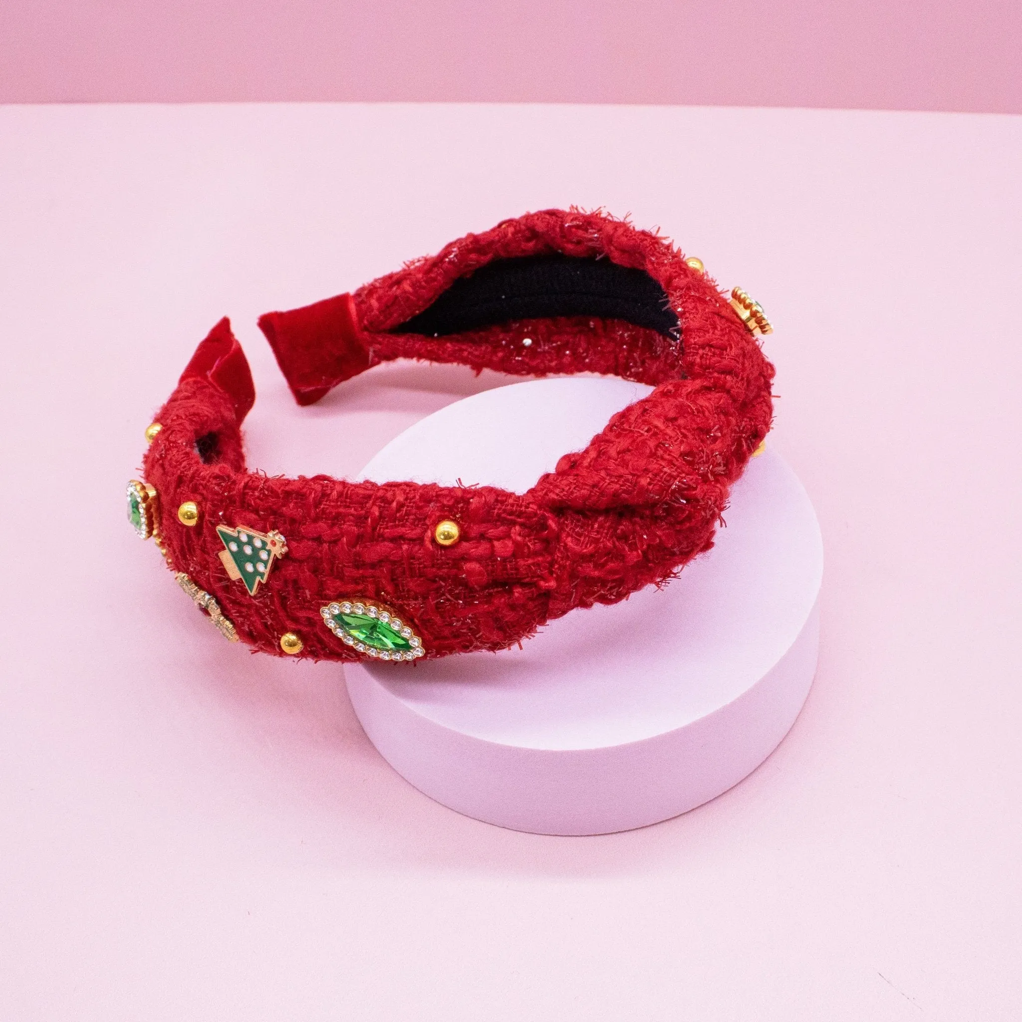 Embellished Knot Headband - Tweed Rhinestone Pearl (Christmas)