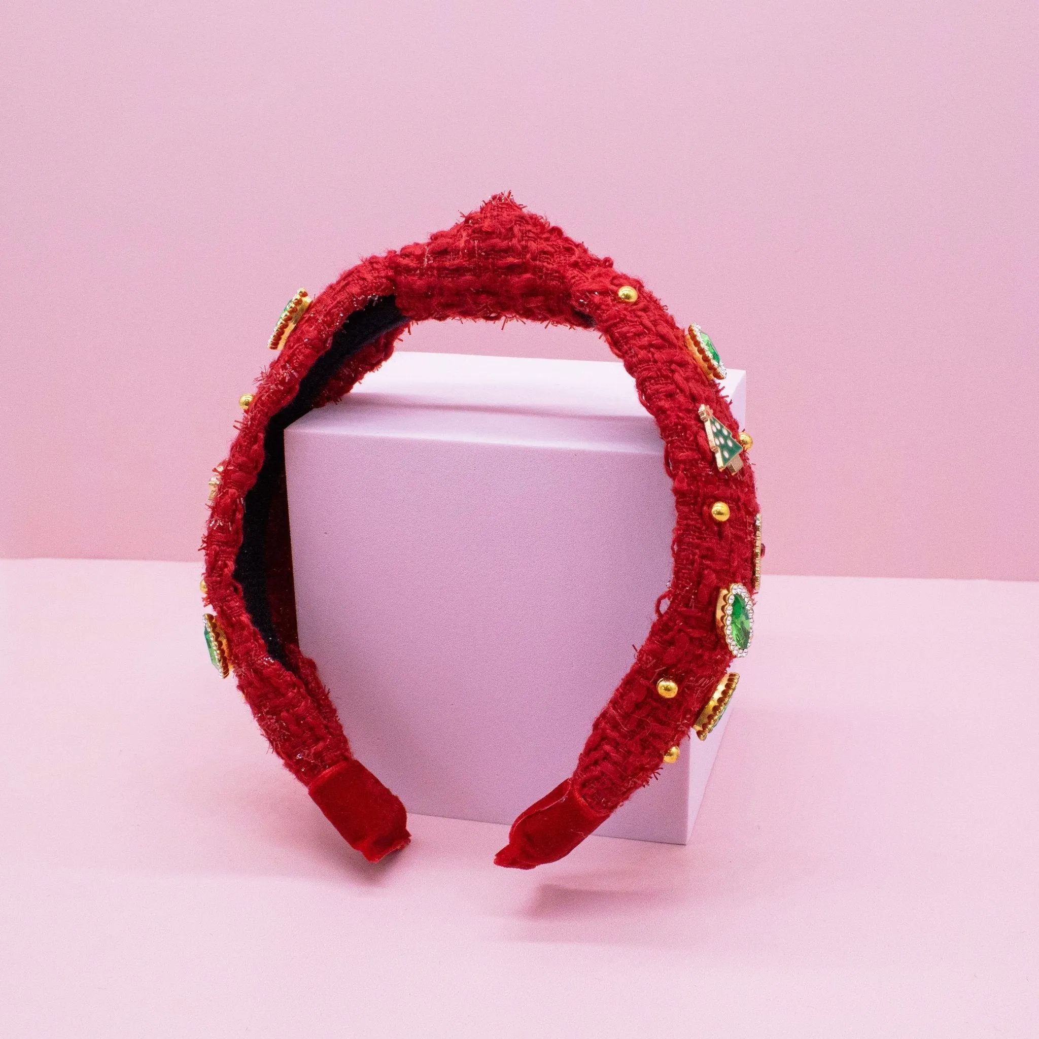 Embellished Knot Headband - Tweed Rhinestone Pearl (Christmas)