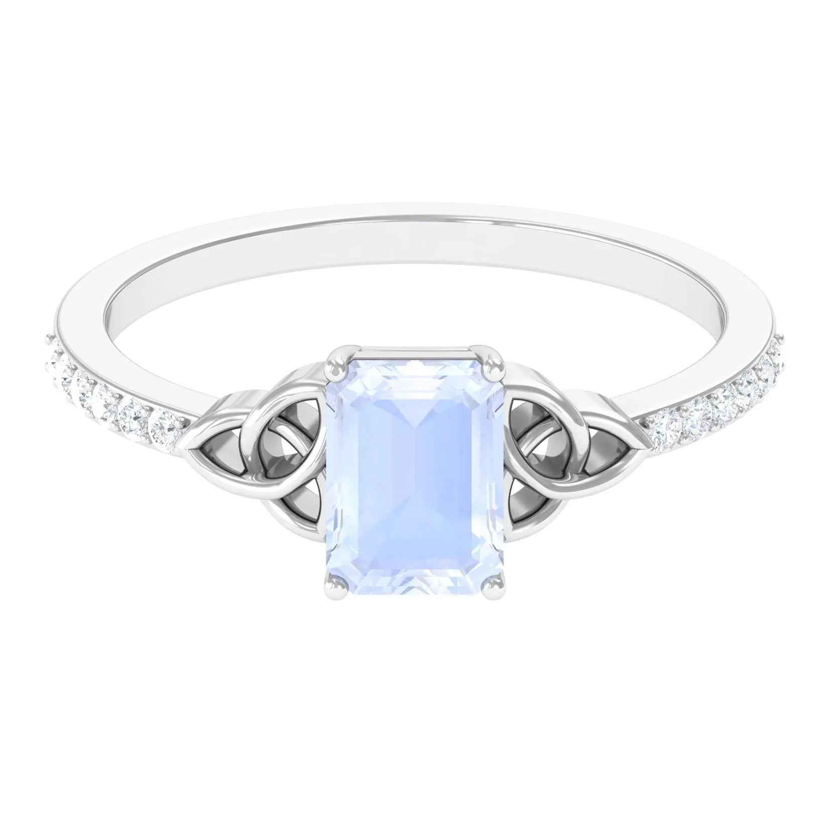 Emerald Cut Solitaire Moonstone Celtic Knot Engagement Ring with Diamond