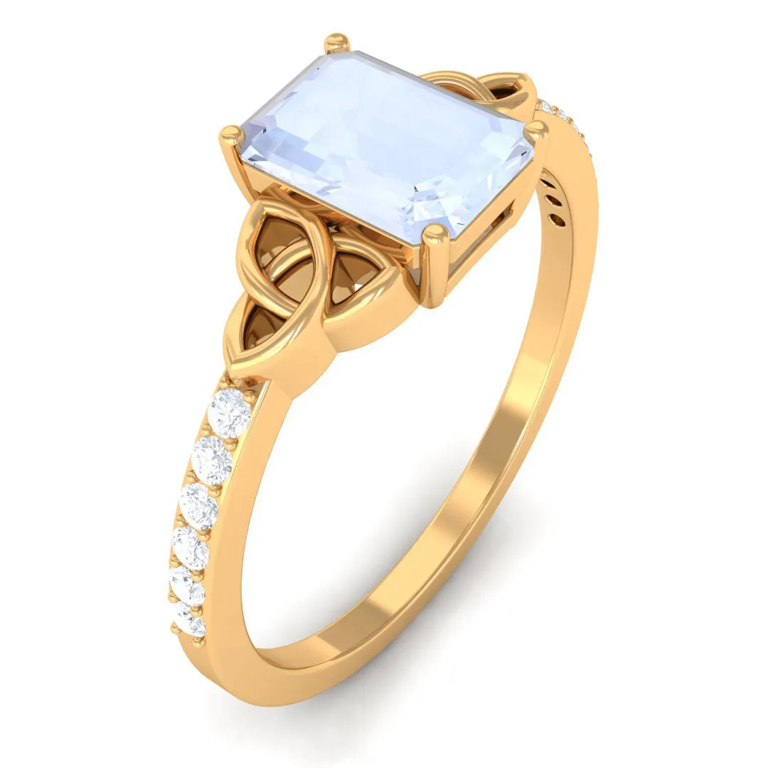 Emerald Cut Solitaire Moonstone Celtic Knot Engagement Ring with Diamond