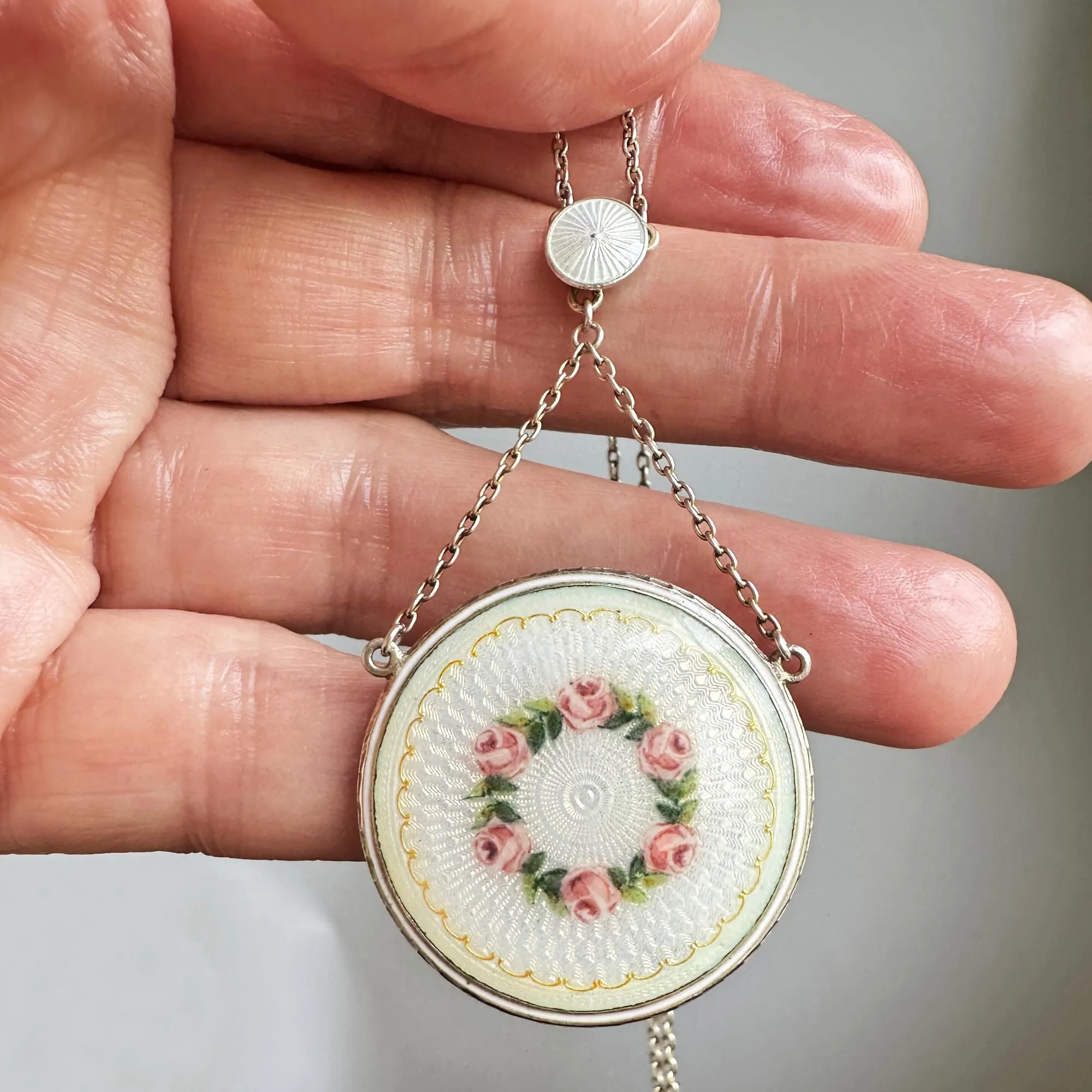 Exceptional Guilloche Enamel Edwardian Locket Necklace