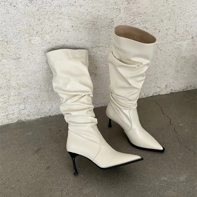 Fall  New Pointed-Toe Retro Pleated Leather Boots High-Heeled High Top Long Boots Design Slimming Hot Girl Women's Boots