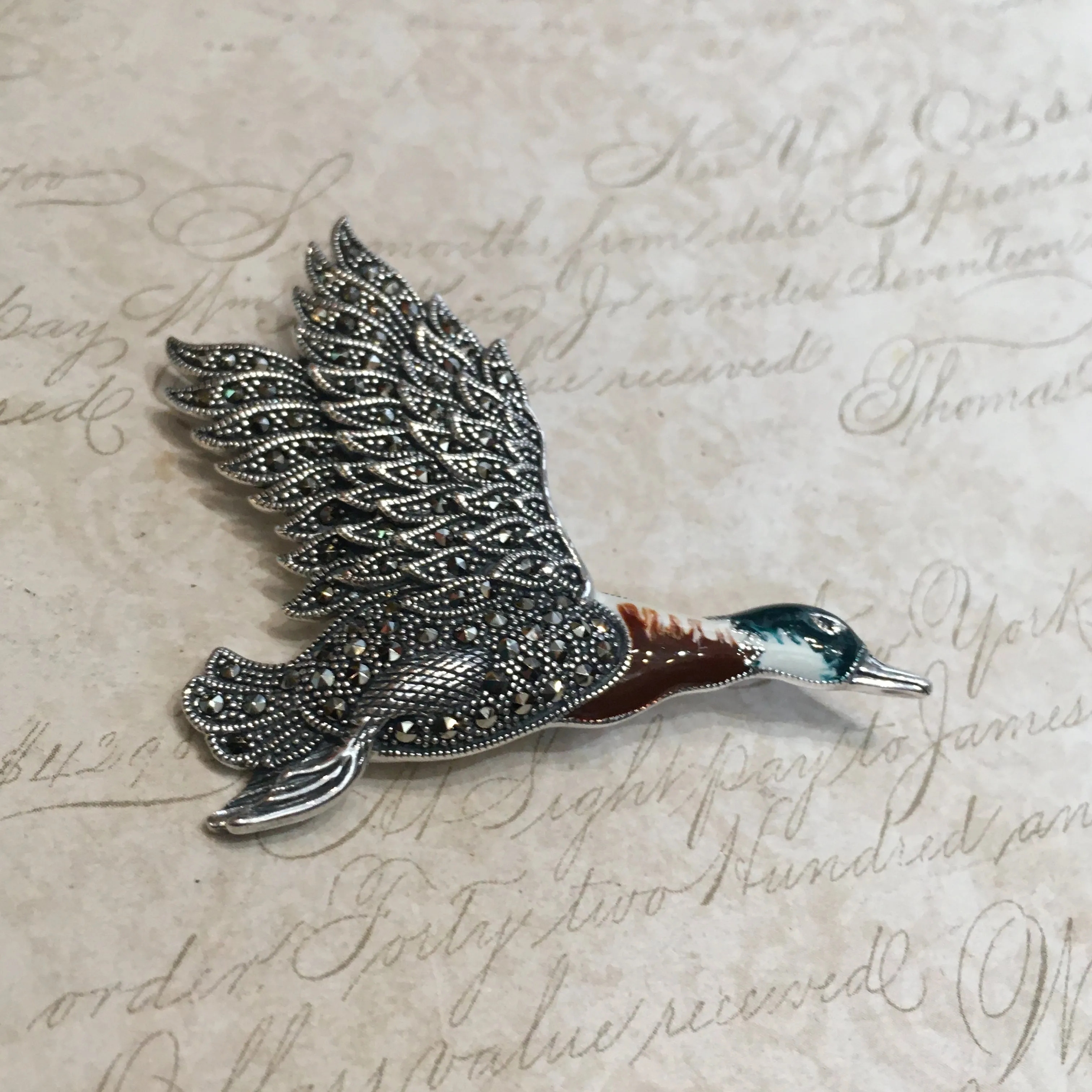 Flying Duck Bird Brooch Pendant Silver Marcasite Enamel