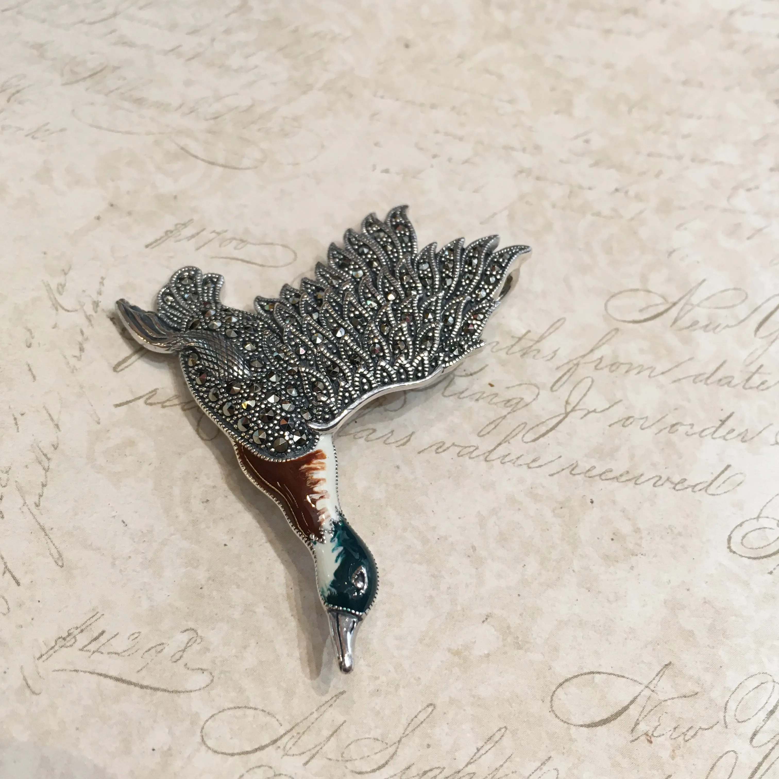 Flying Duck Bird Brooch Pendant Silver Marcasite Enamel