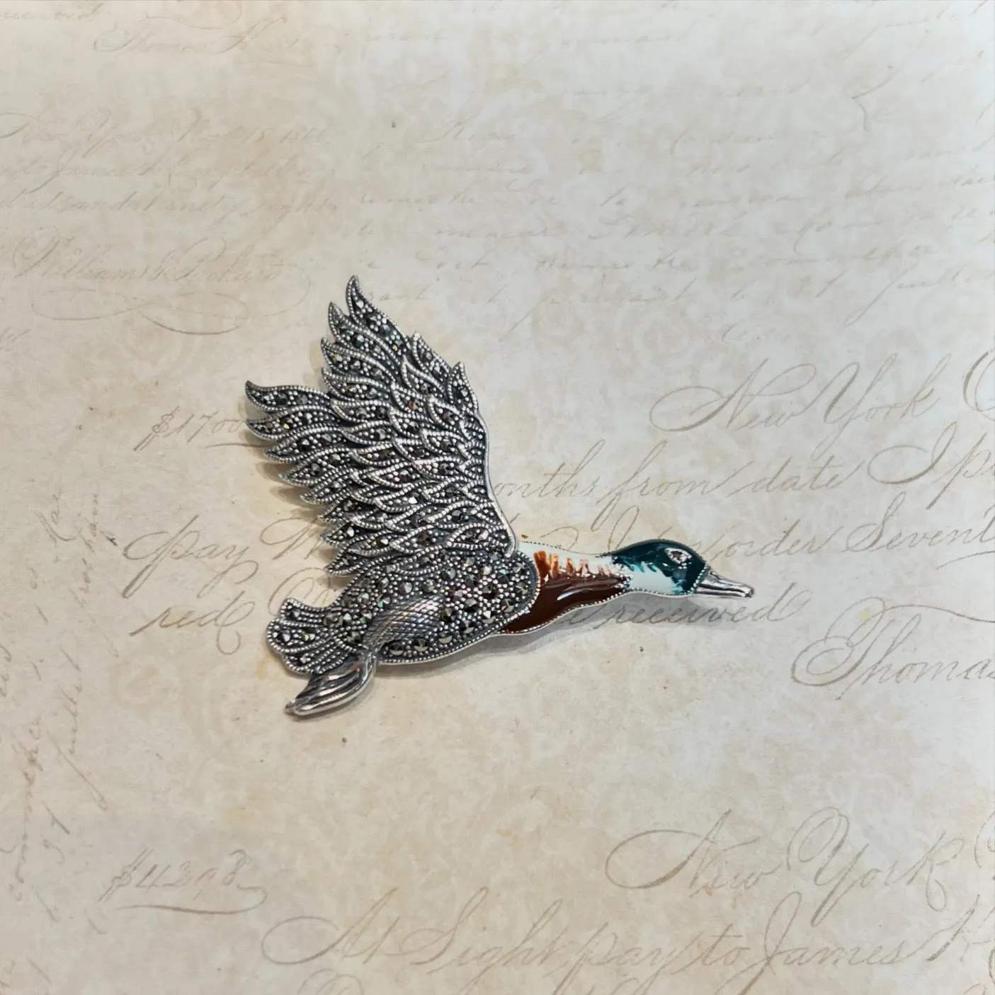 Flying Duck Bird Brooch Pendant Silver Marcasite Enamel