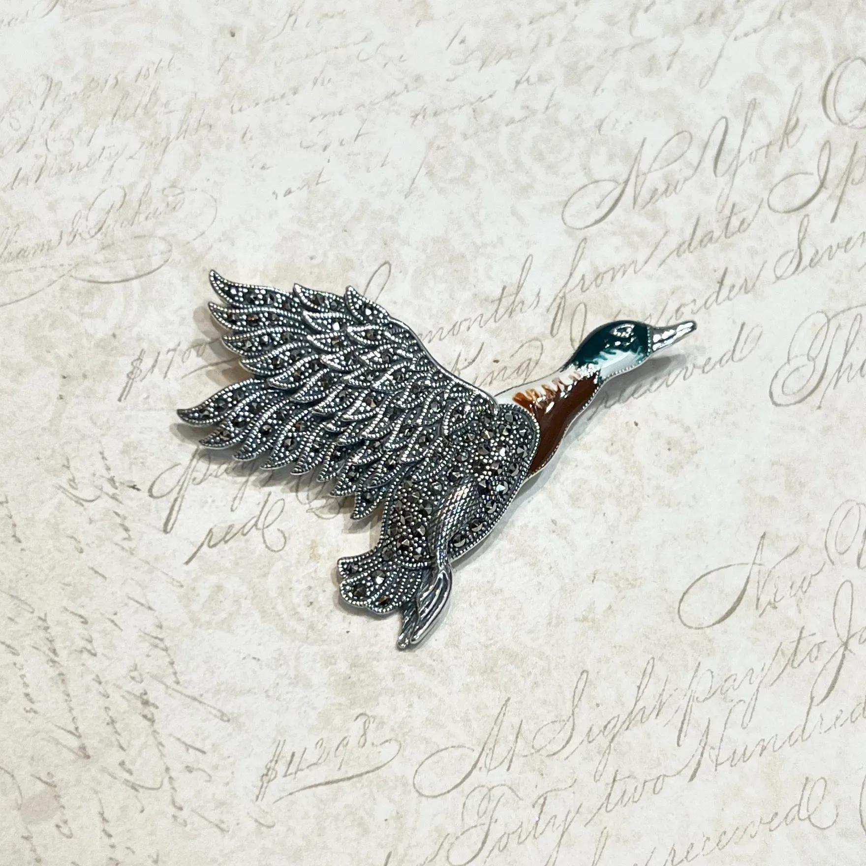 Flying Duck Bird Brooch Pendant Silver Marcasite Enamel