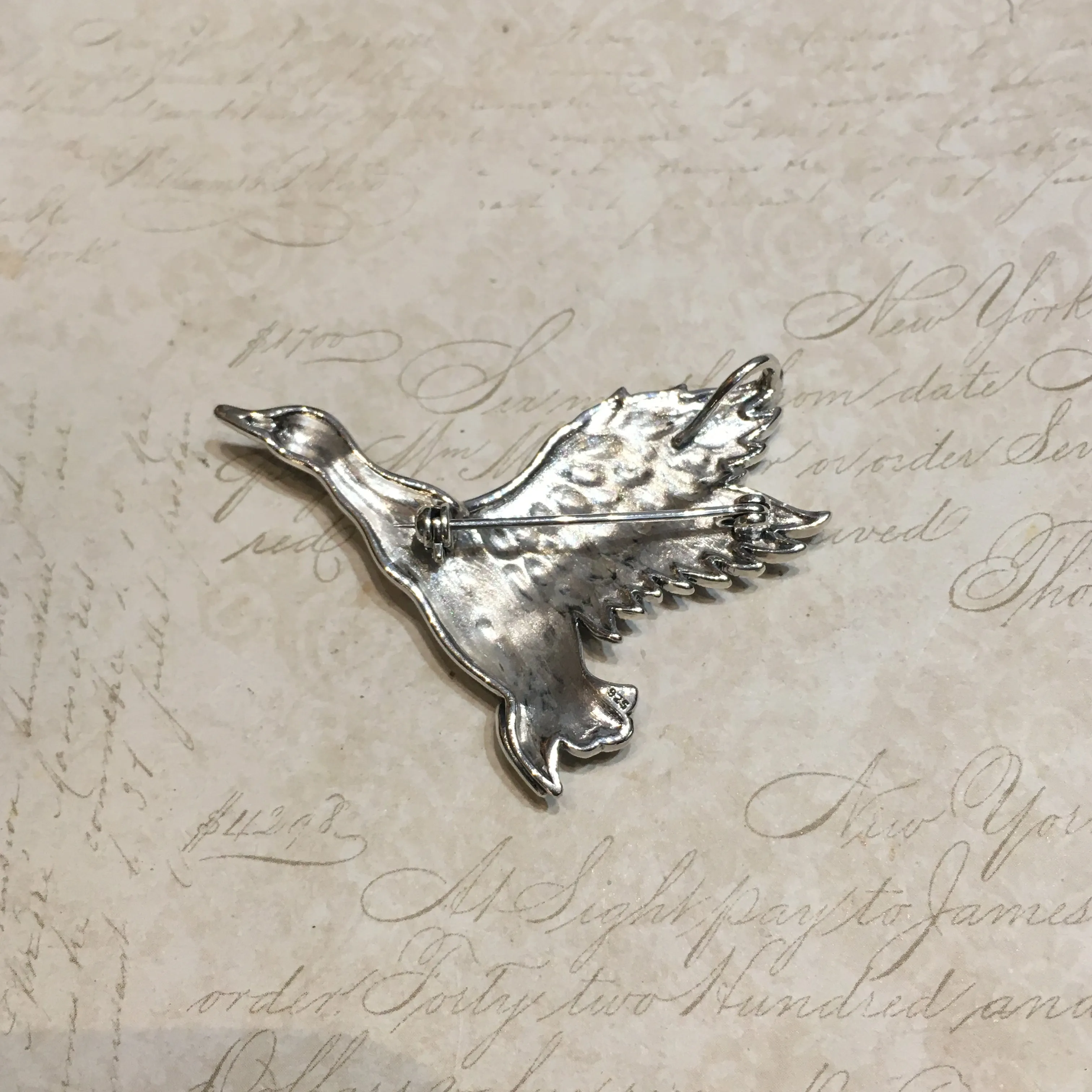 Flying Duck Bird Brooch Pendant Silver Marcasite Enamel