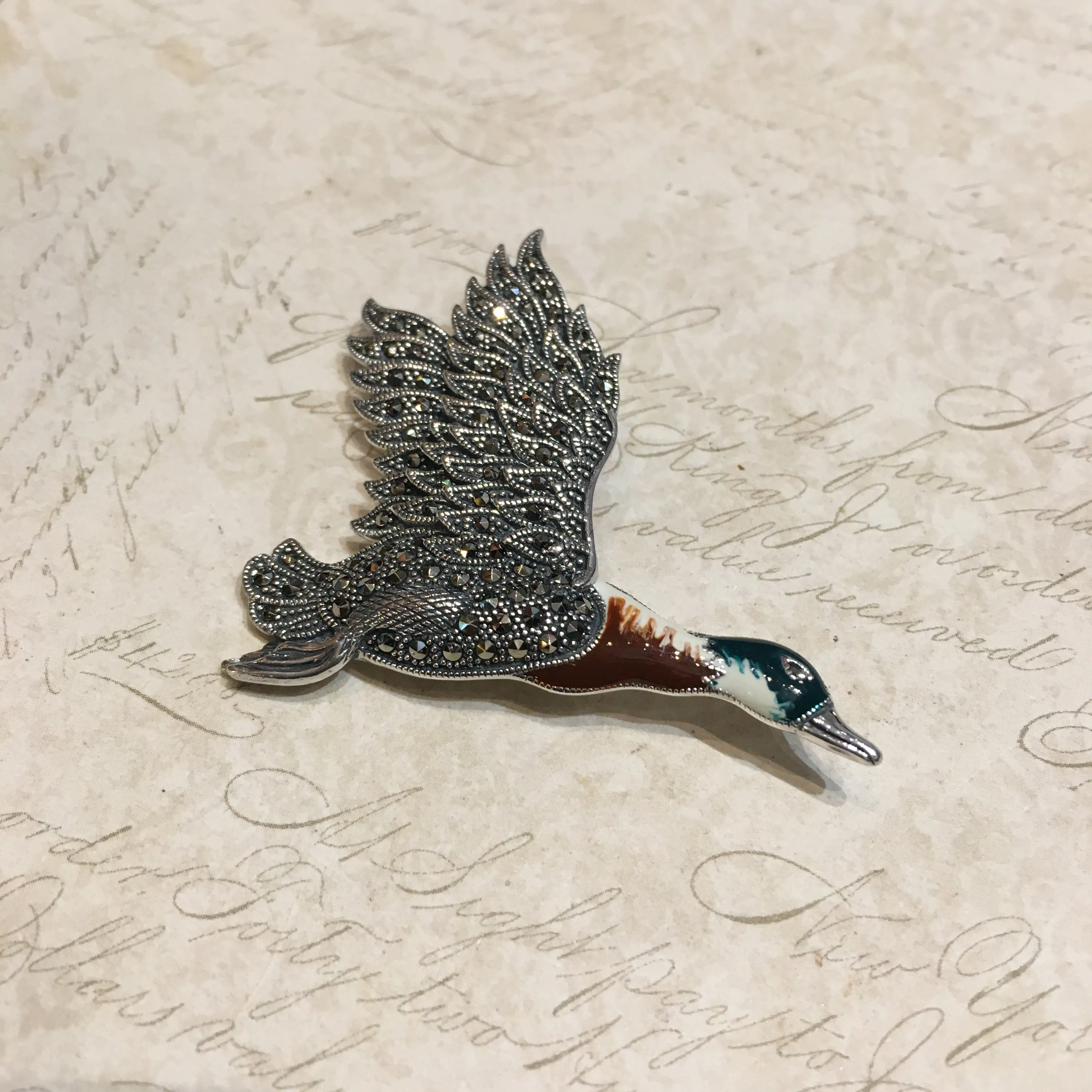 Flying Duck Bird Brooch Pendant Silver Marcasite Enamel